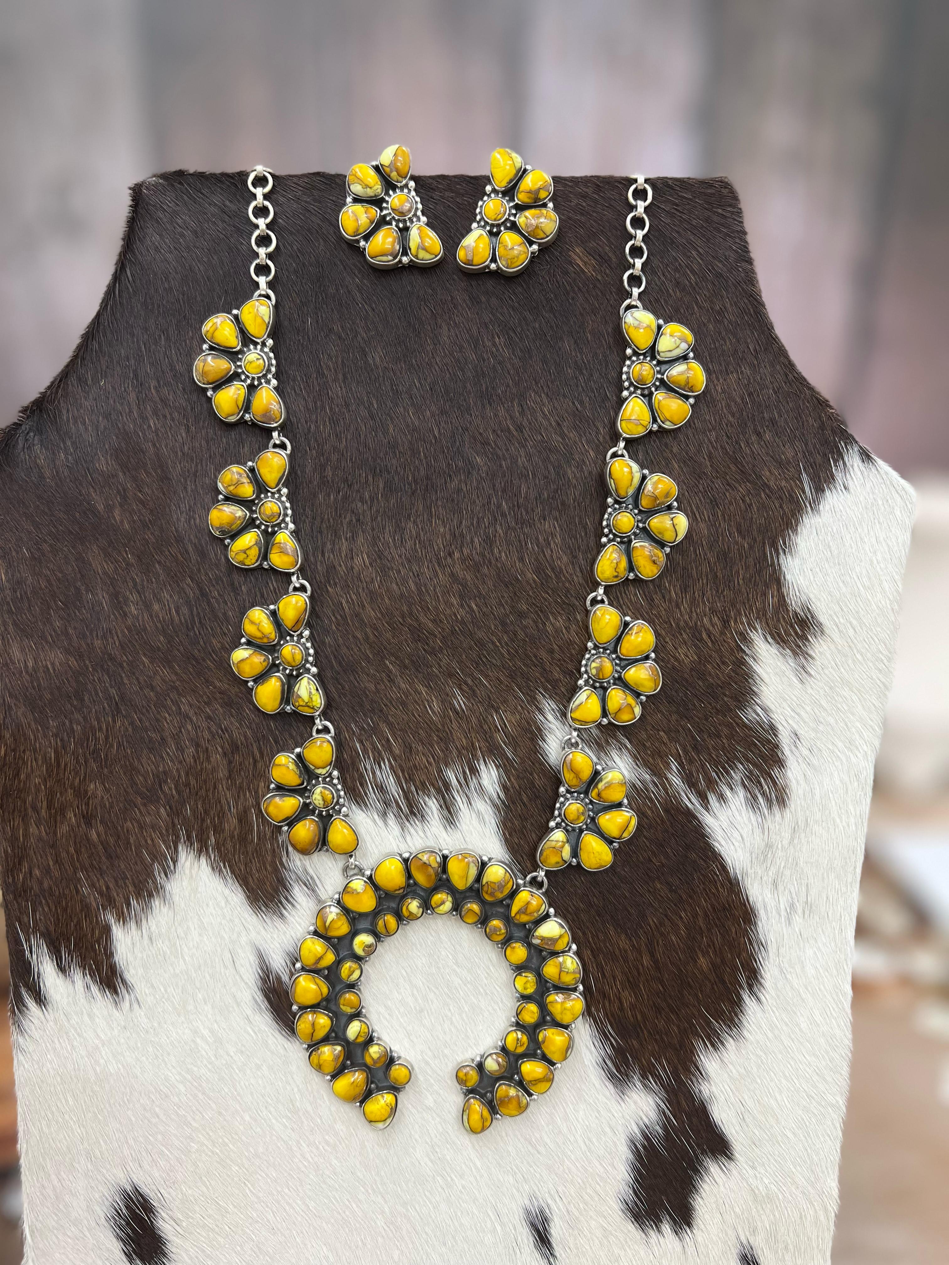 Handmade Sterling Silver Honey Dahlia Squash Blossom Necklace Post Earrings, Signed Nizhoni