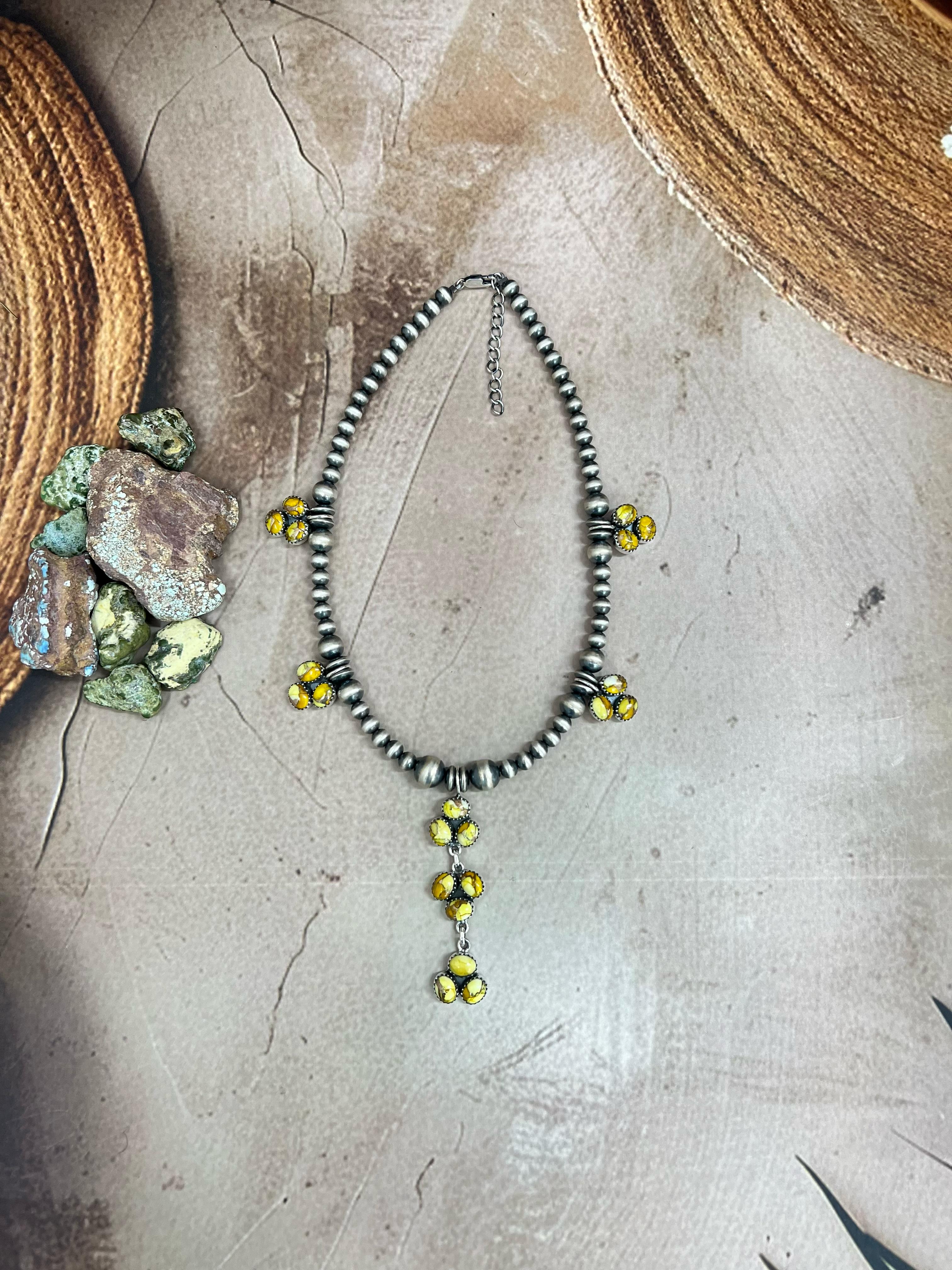 Handmade Sterling Silver Honey Dahlia Beaded Necklace with Signed Nizhoni