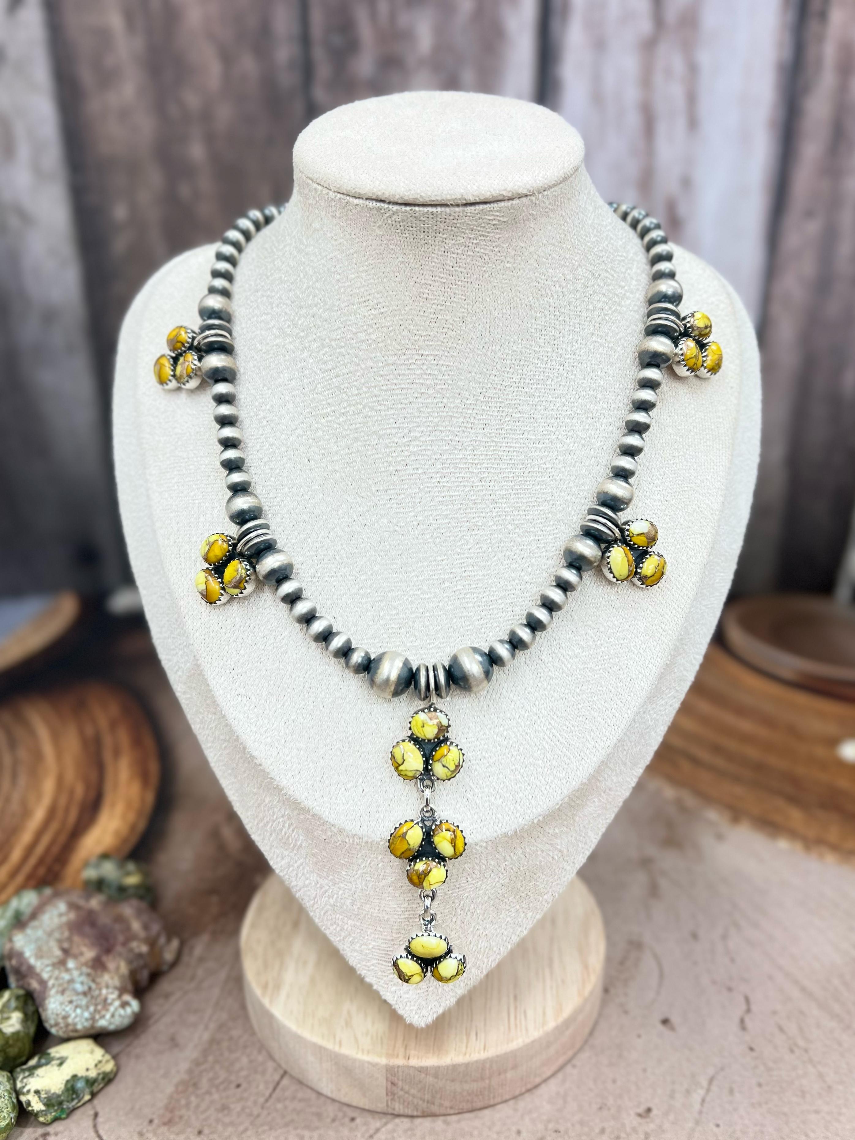 Handmade Sterling Silver Honey Dahlia Beaded Necklace with Signed Nizhoni