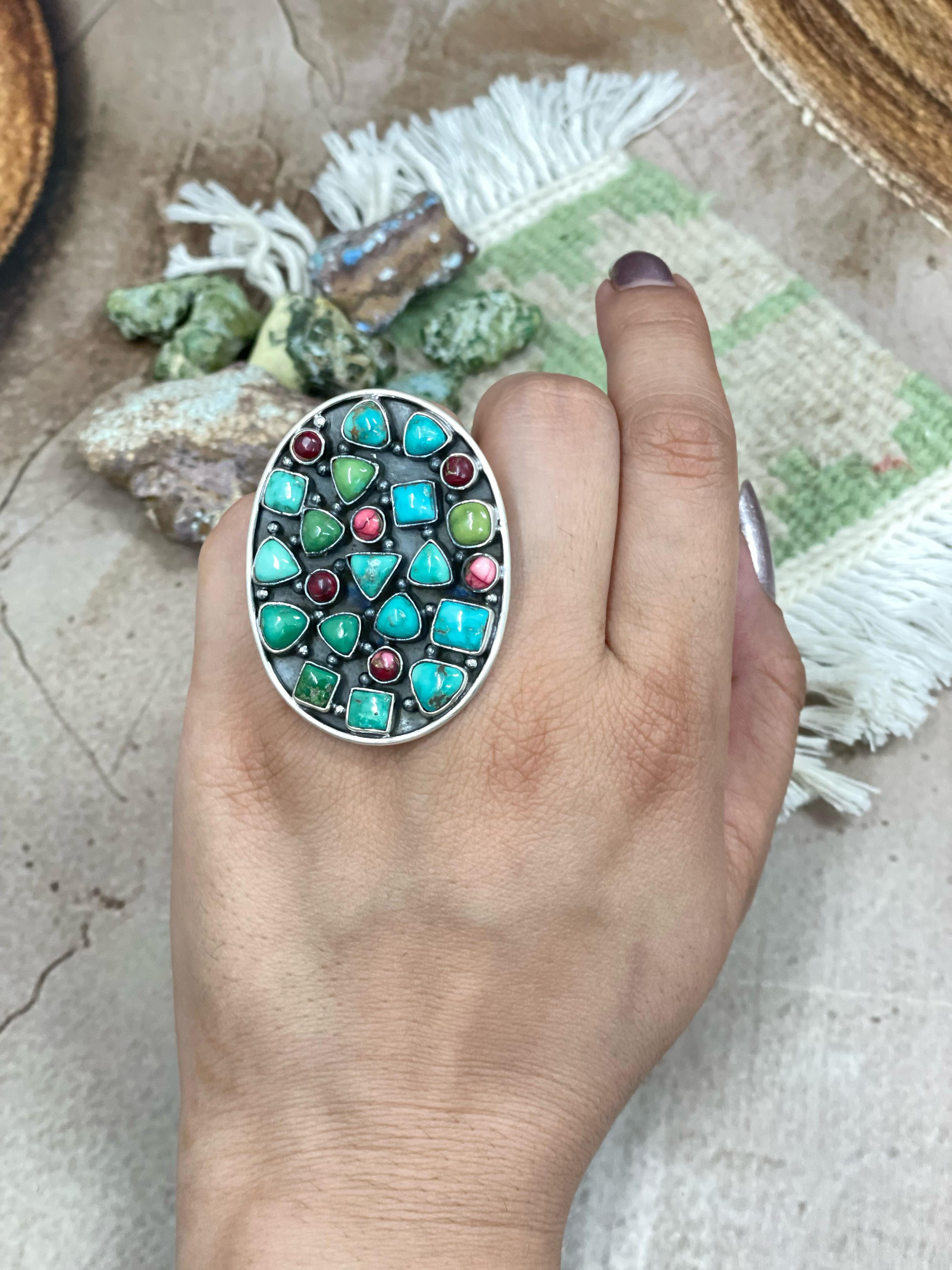 Handmade Sterling Silver Emerald Valley with Dahlia Rose Adjustable Rings with Signed Nizhoni