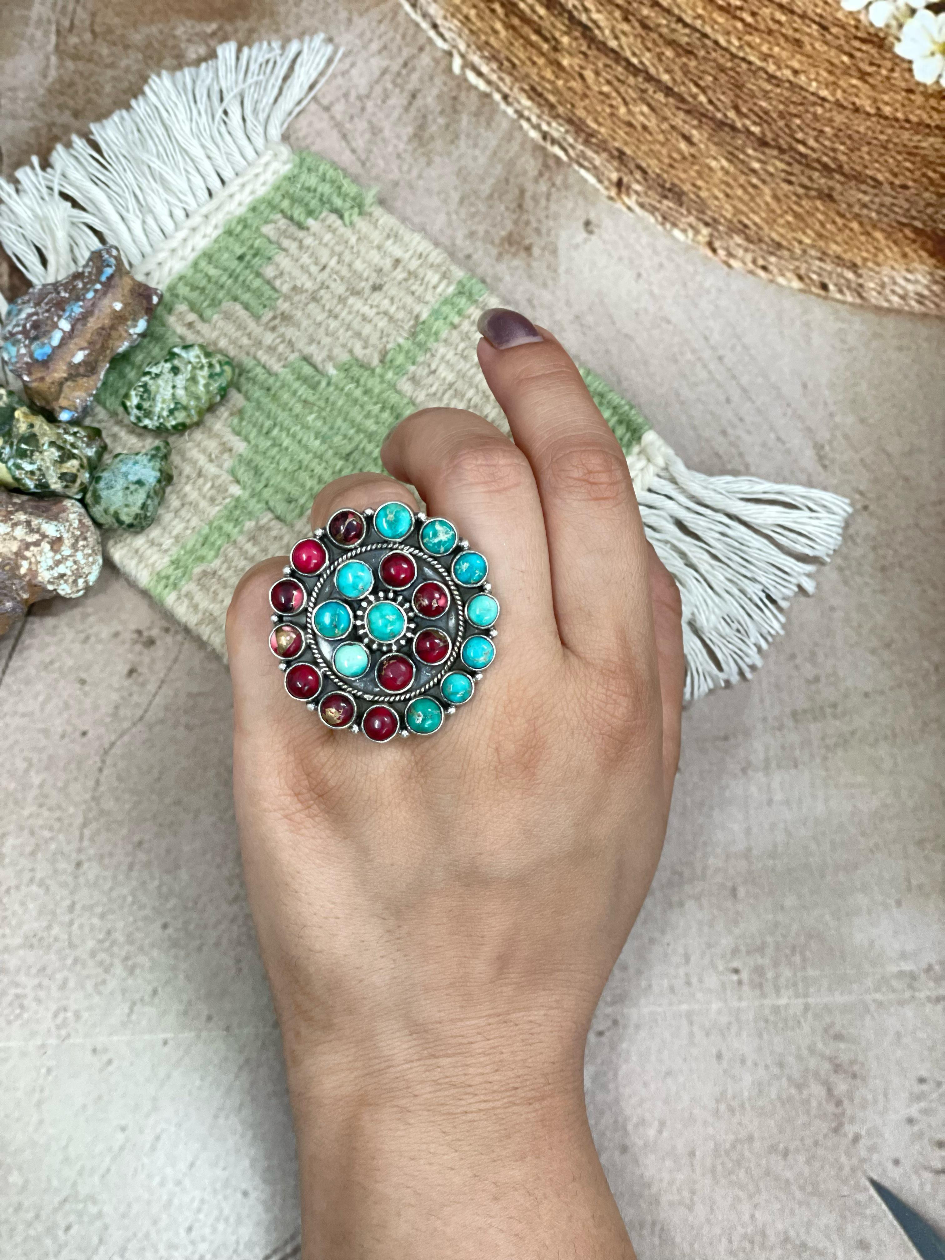 Handmade Sterling Silver Emerald Valley Turquoise with Dahlia Rose Adjustable Ring, Signed Nizhoni