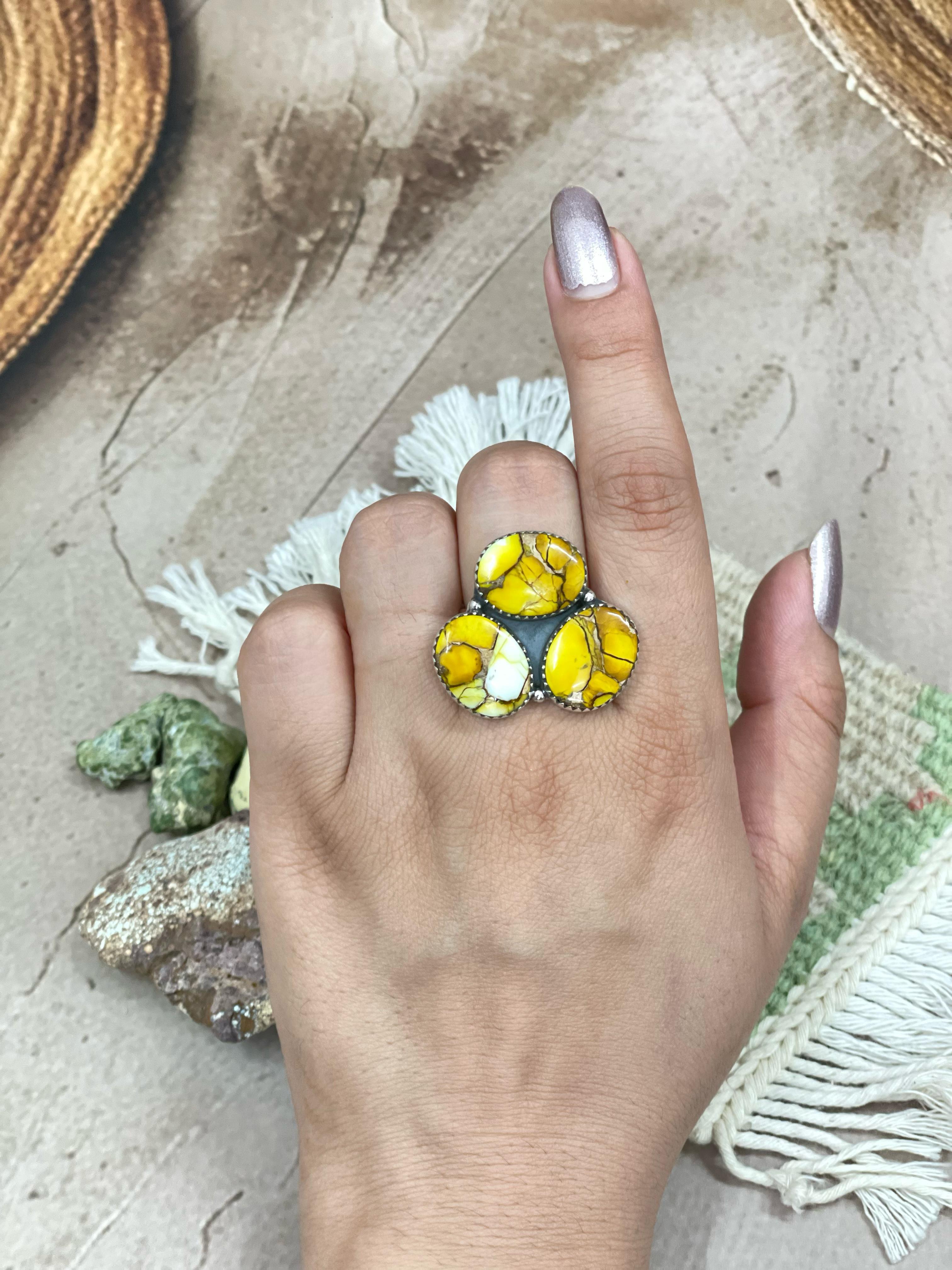 Handmade Sterling Silver Honey Dahlia Adjustable Ring, Signed Nizhoni