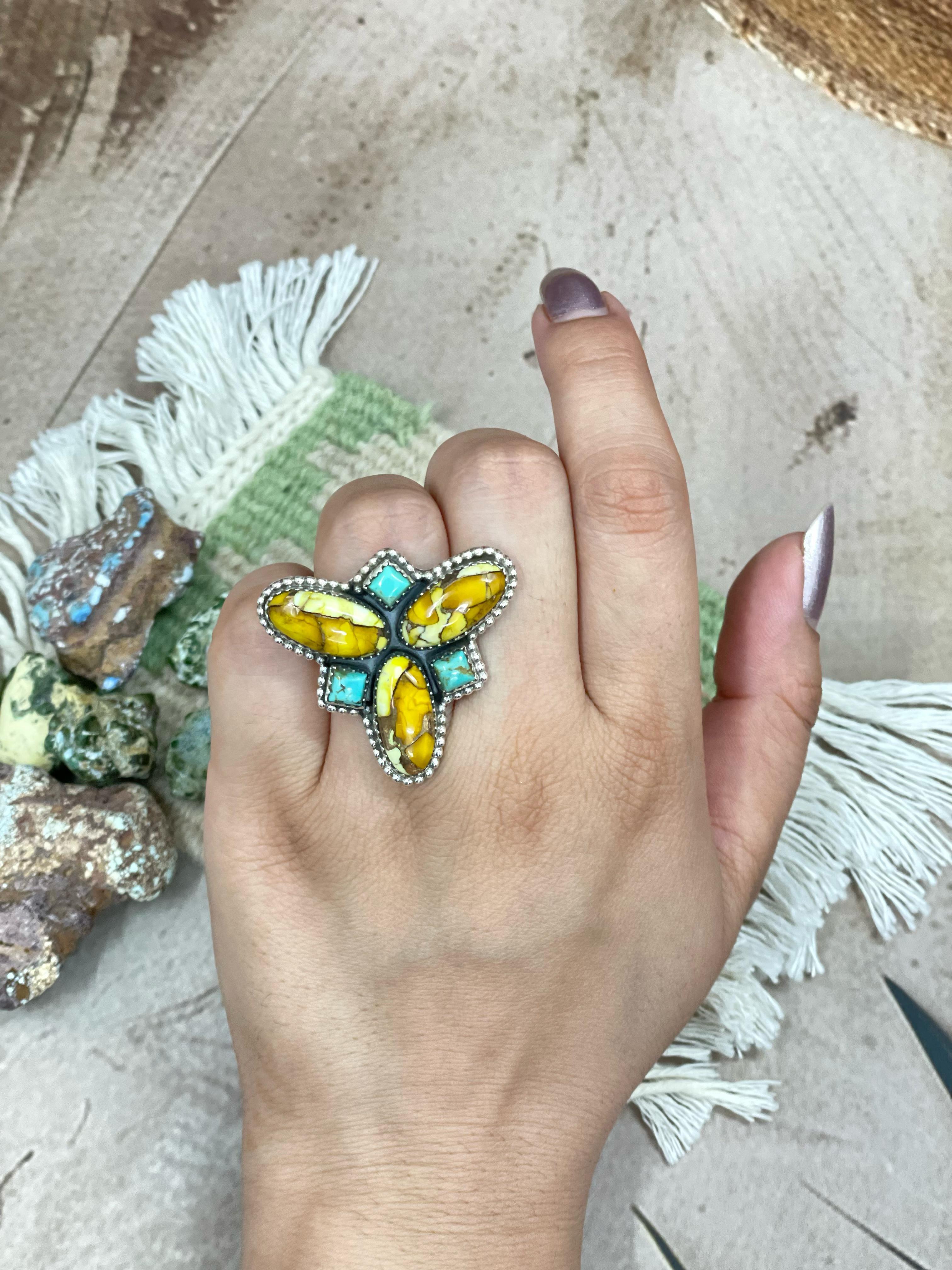 Handmade Sterling Silver Honey Dahlia with Kingman Turquoise Adjustable Ring, Signed Nizhoni