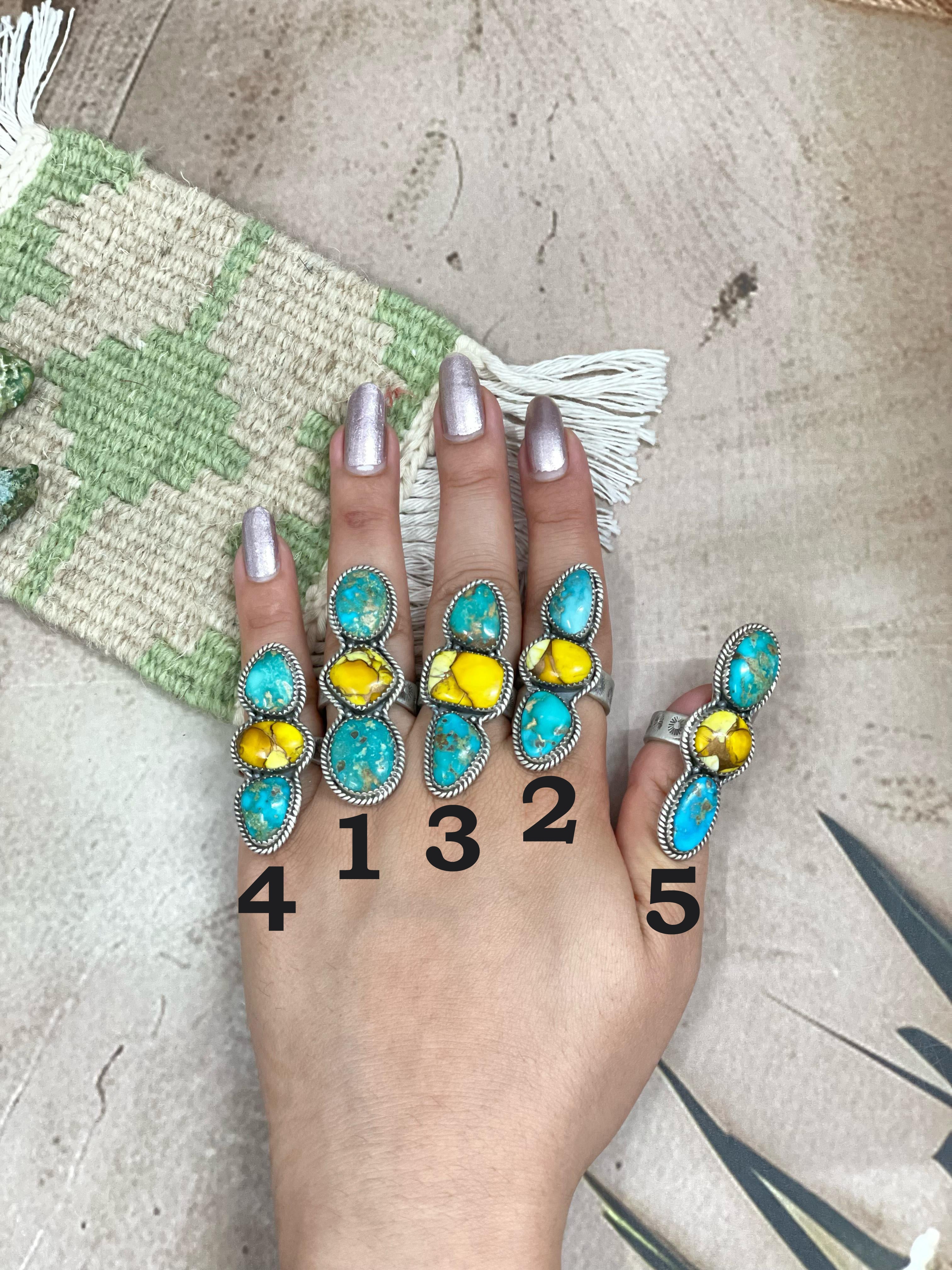 Handmade Sterling Silver Honey Dahlia with South Hill Turquoise Adjustable Ring, Signed Nizhoni