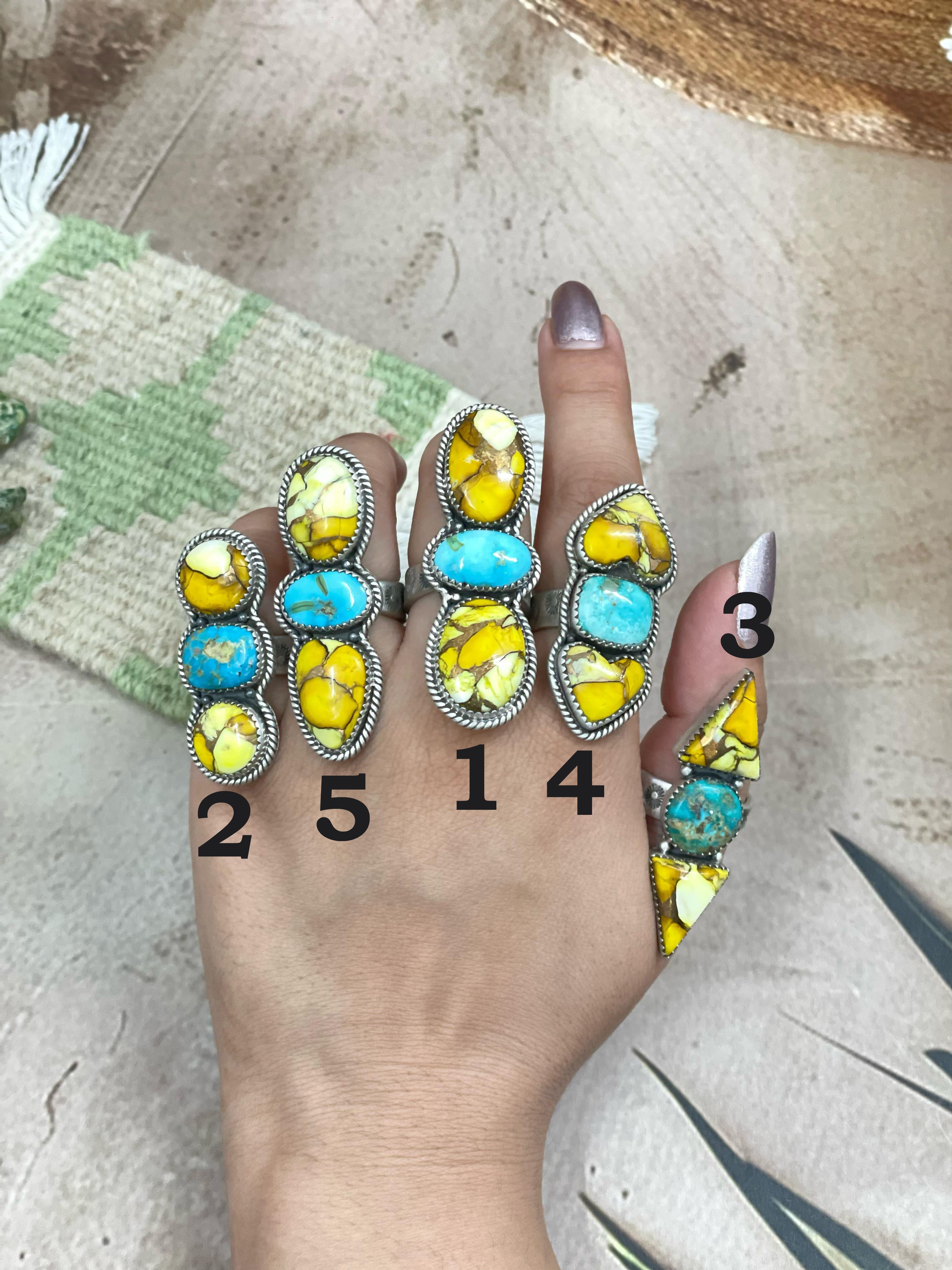 Handmade Sterling Silver Honey Dahlia with South Hill Turquoise Adjustable Ring, Signed Nizhoni