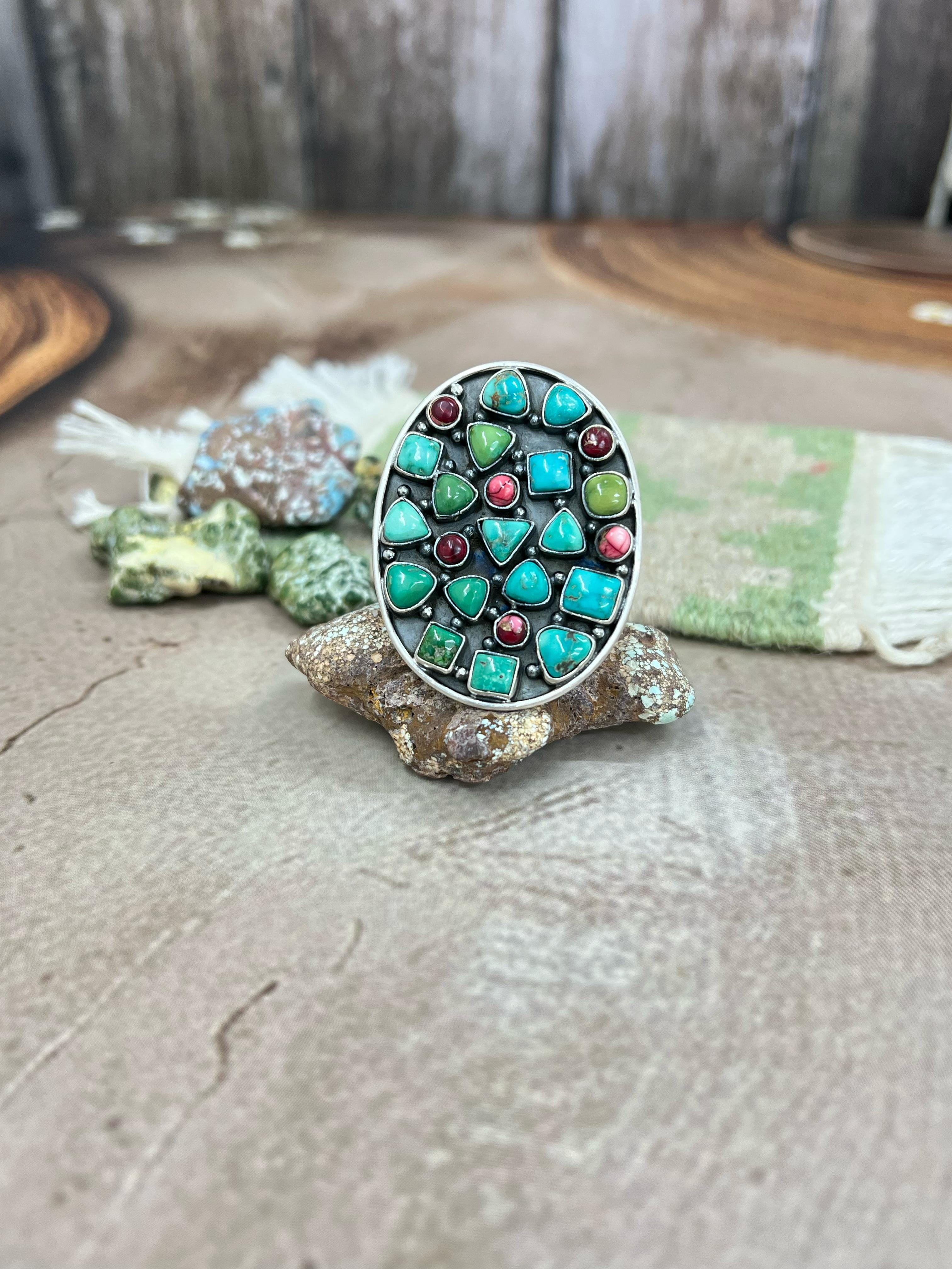 Handmade Sterling Silver Emerald Valley with Dahlia Rose Adjustable Rings with Signed Nizhoni