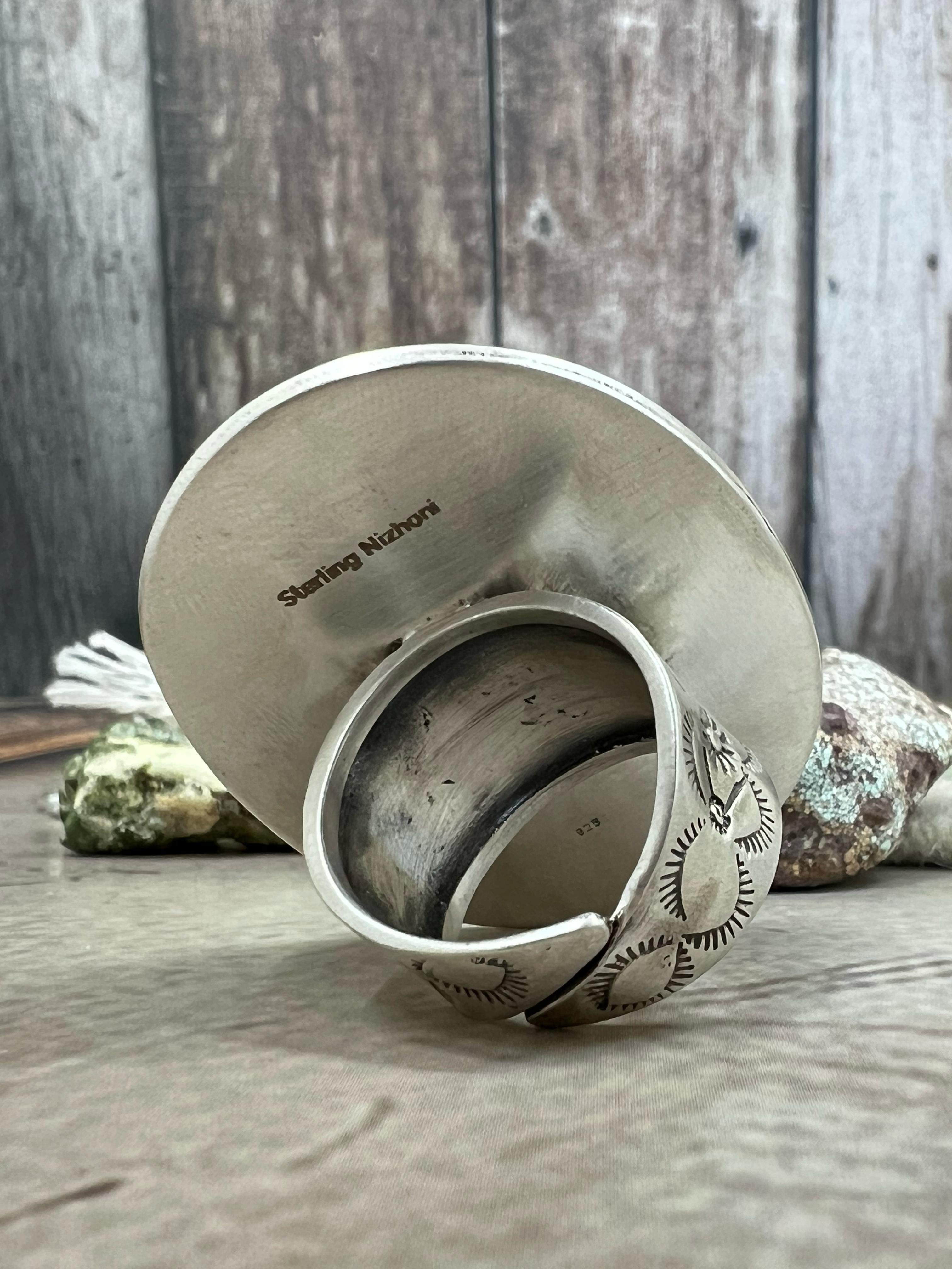 Handmade Sterling Silver Emerald Valley with Dahlia Rose Adjustable Rings with Signed Nizhoni