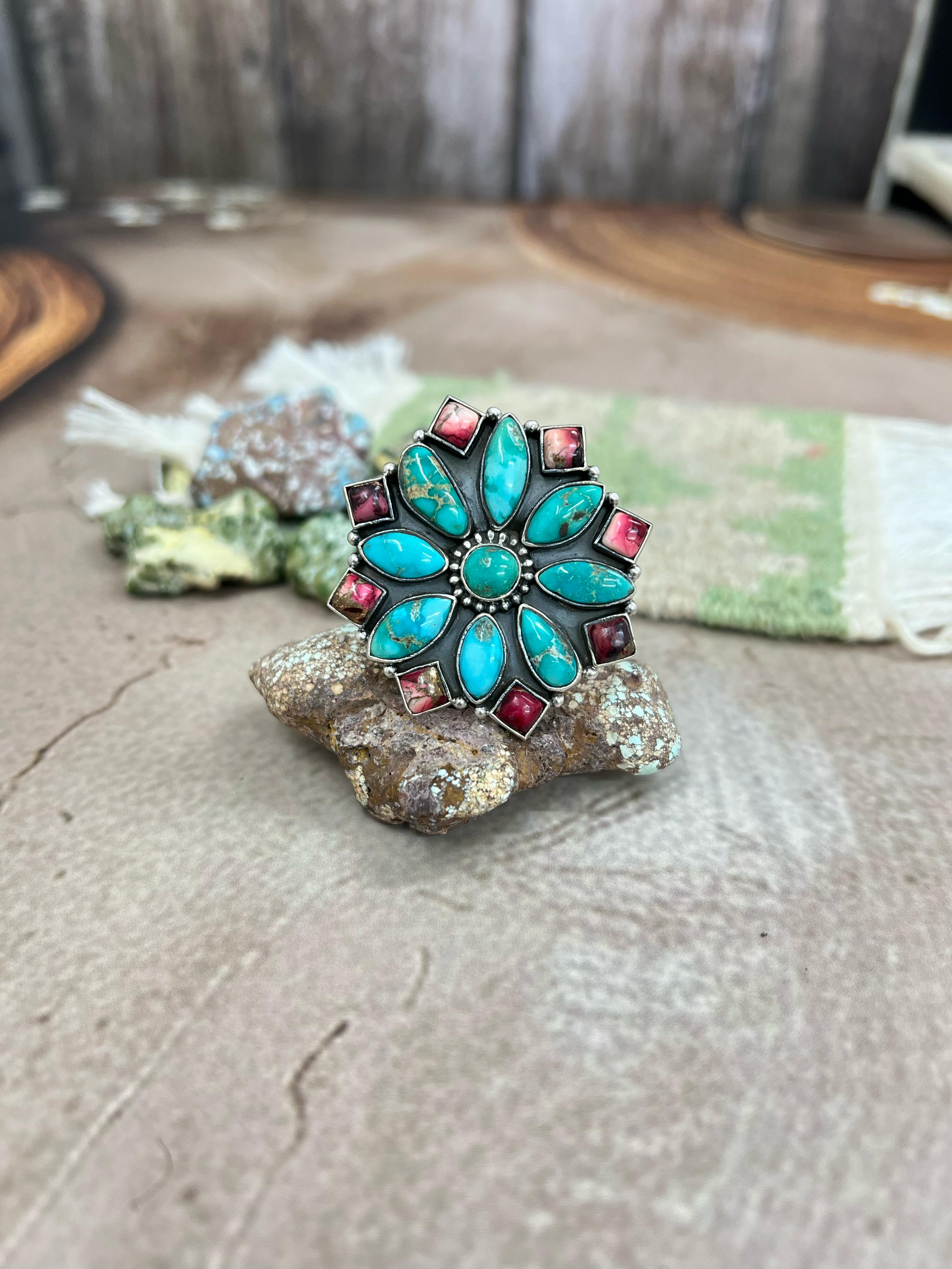 Handmade Sterling Silver Emerald Valley Turquoise with Dahlia Rose Adjustable Rings with Signed Nizhoni