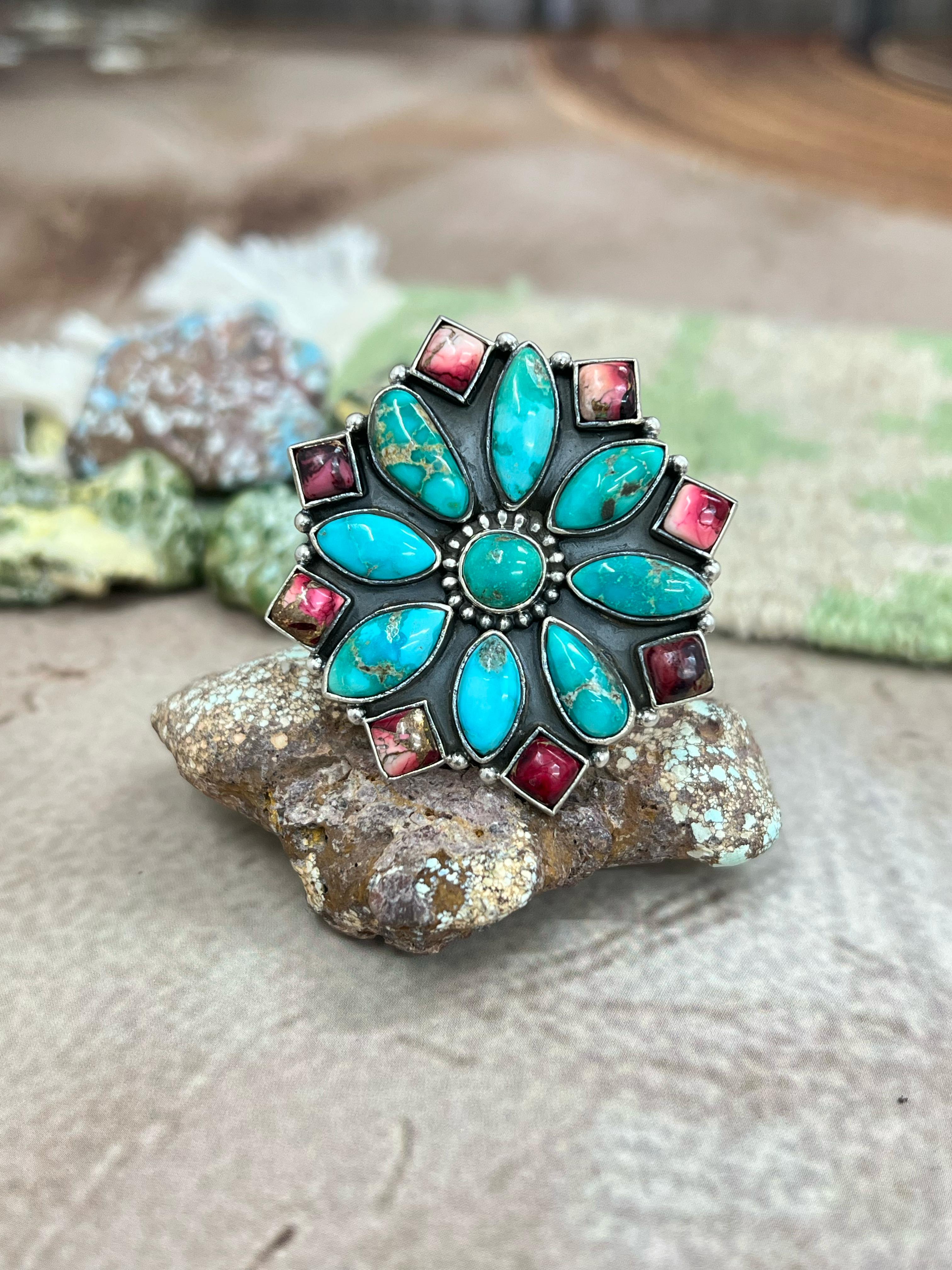 Handmade Sterling Silver Emerald Valley Turquoise with Dahlia Rose Adjustable Rings with Signed Nizhoni