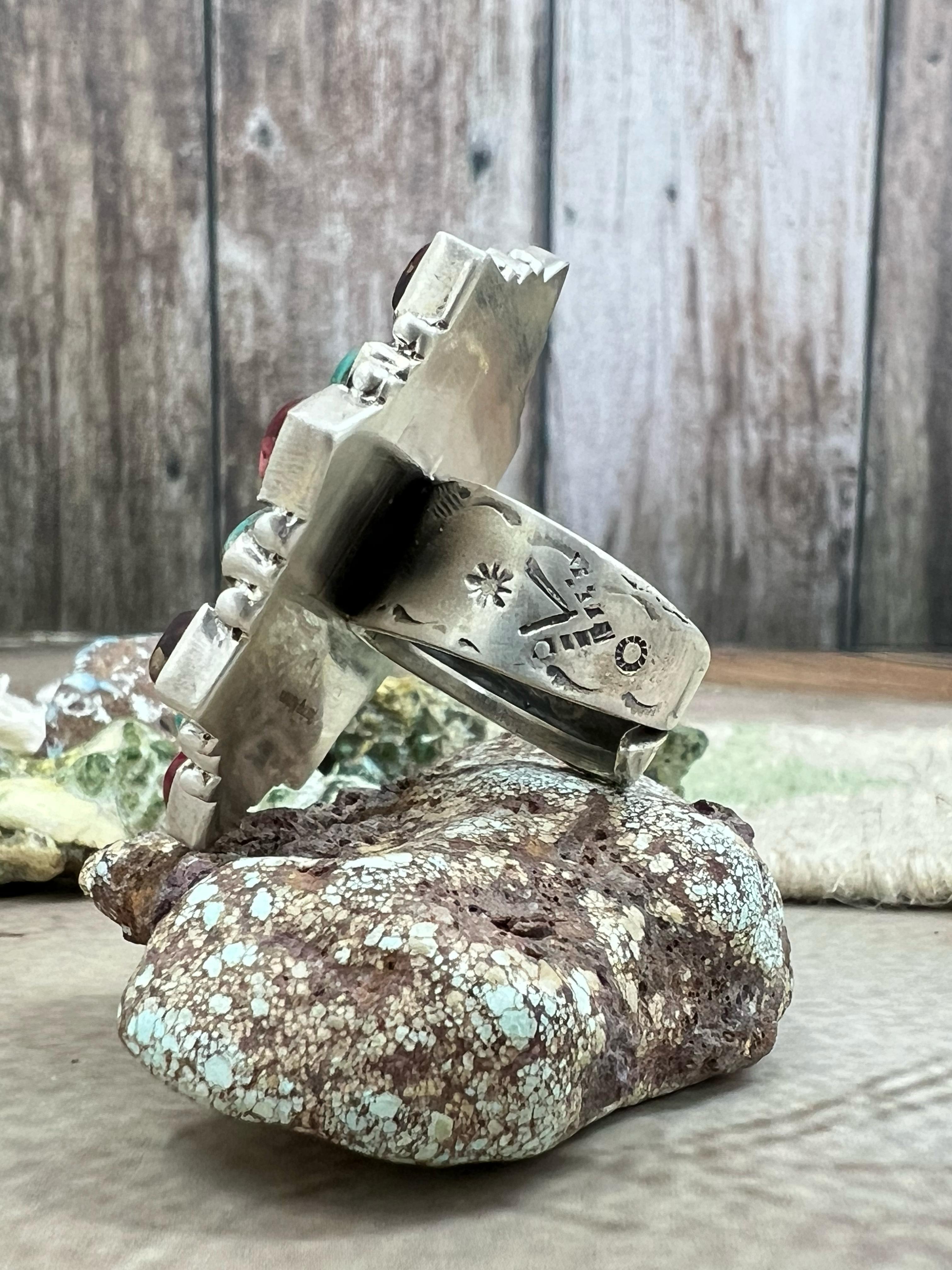 Handmade Sterling Silver Emerald Valley Turquoise with Dahlia Rose Adjustable Rings with Signed Nizhoni