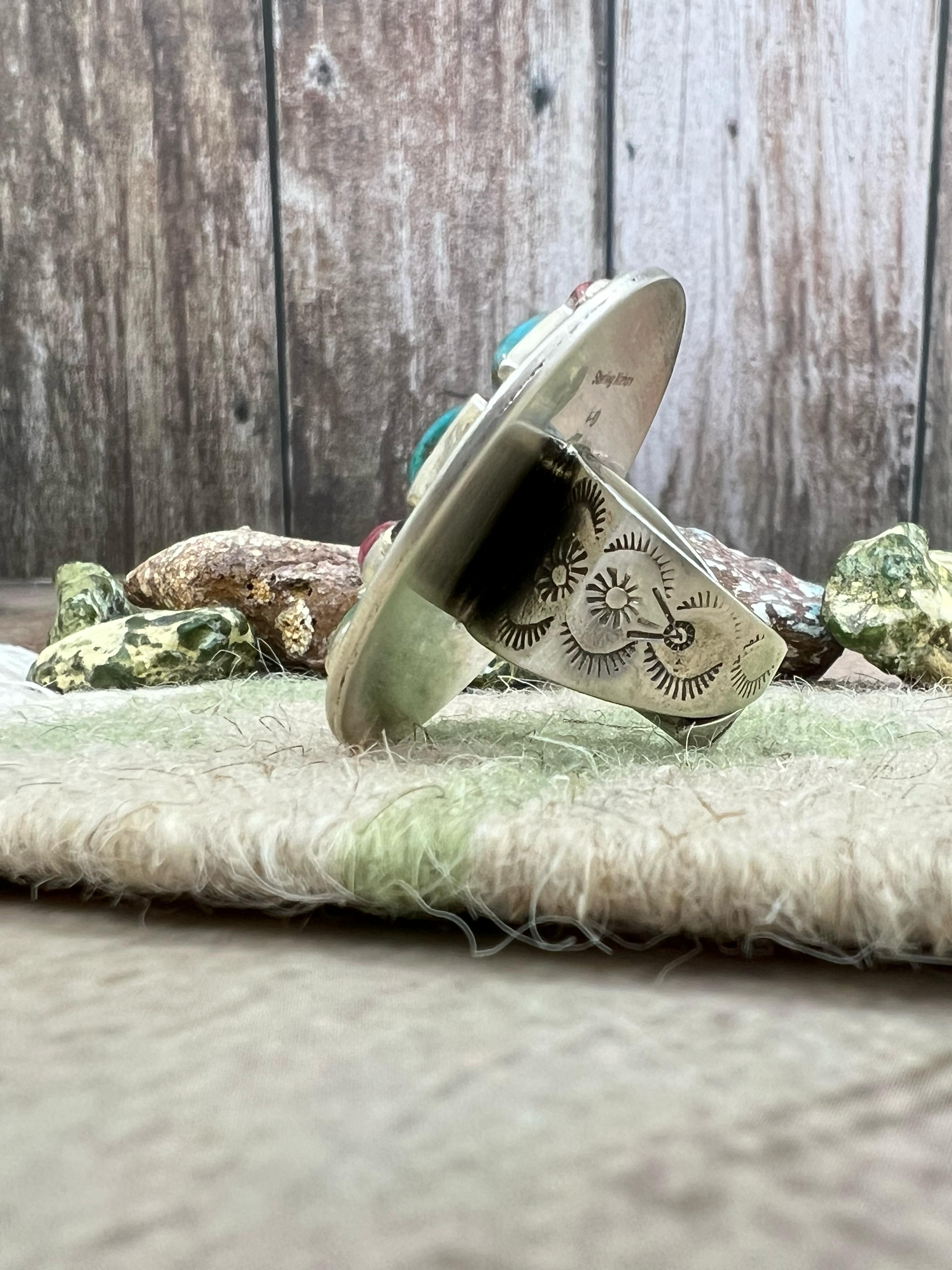 Handmade Sterling Silver Emerald Valley with Dahlia Rose Adjustable Rings, Signed Nizhoni