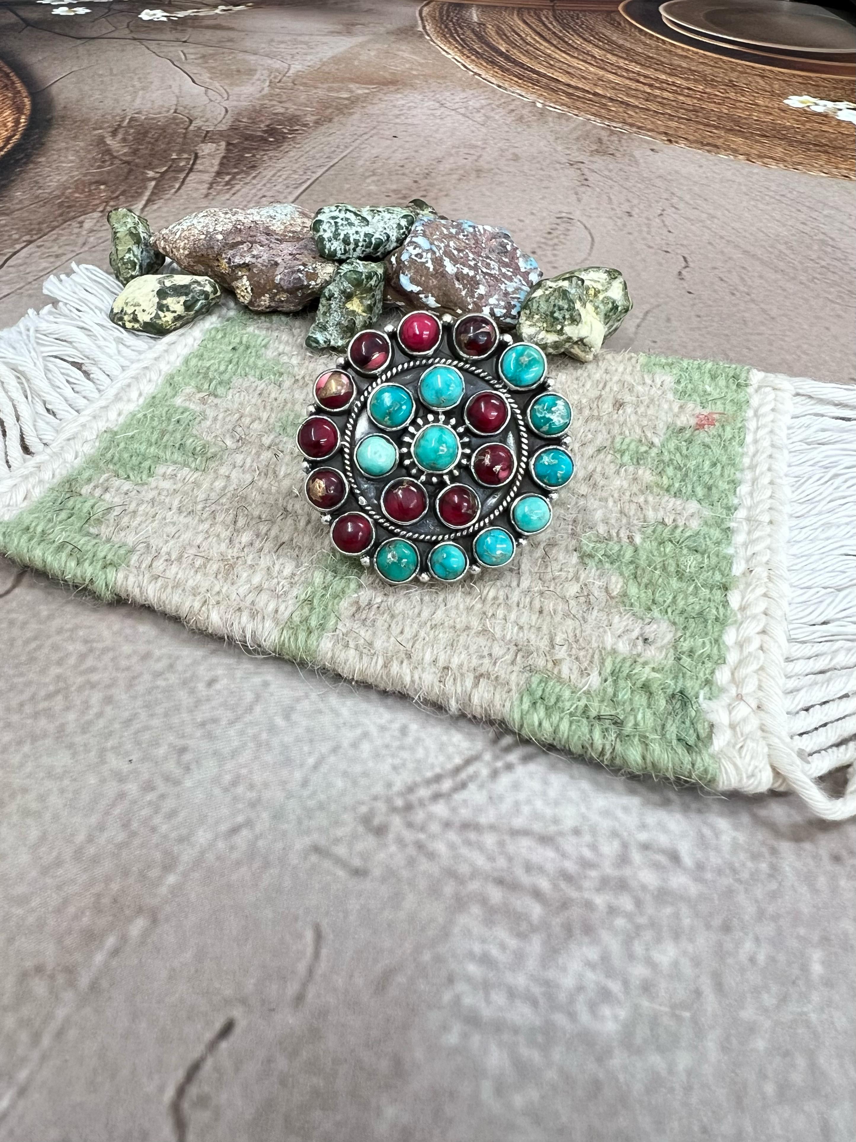 Handmade Sterling Silver Emerald Valley Turquoise with Dahlia Rose Adjustable Ring, Signed Nizhoni