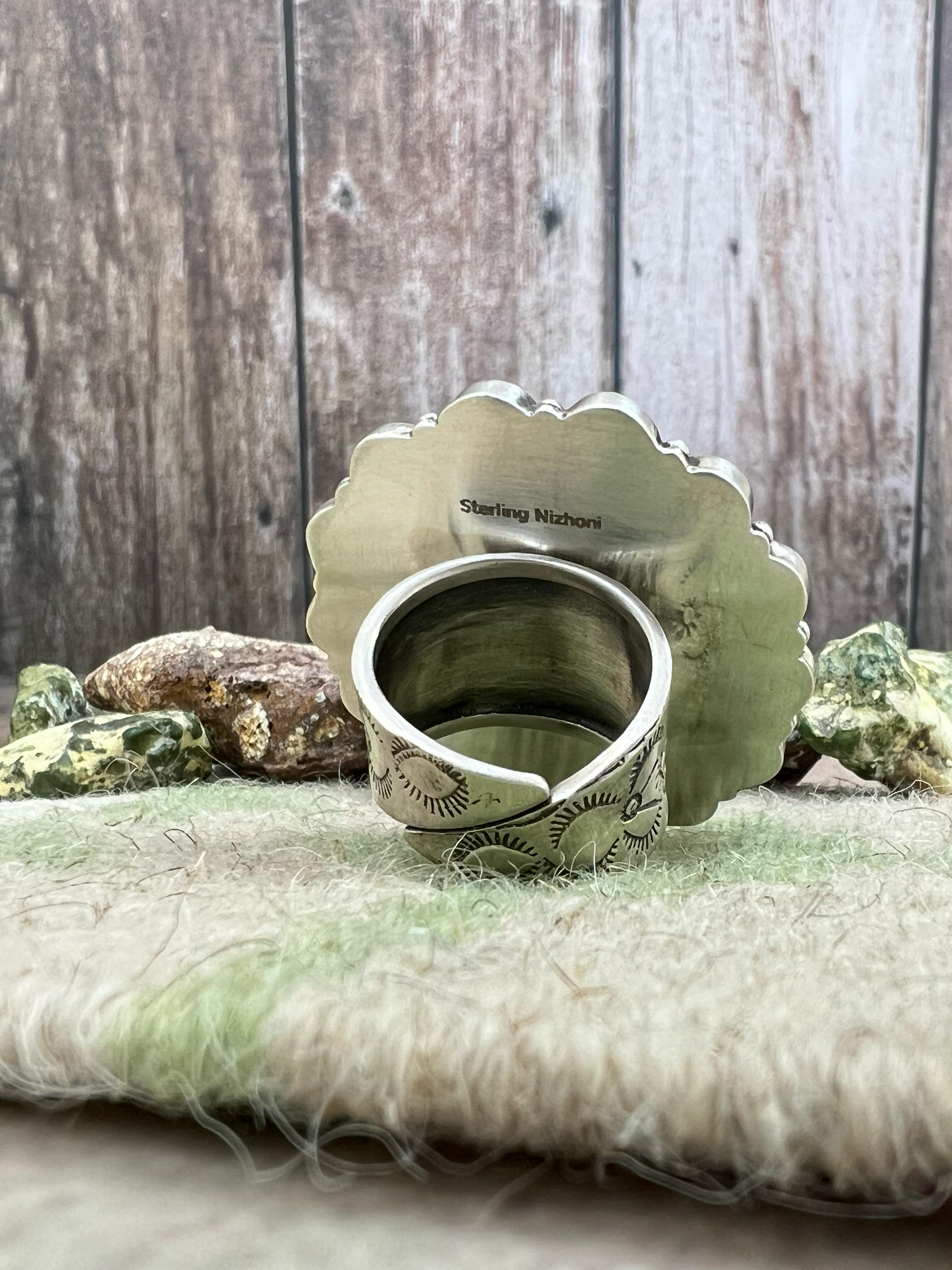 Handmade Sterling Silver Emerald Valley Turquoise with Dahlia Rose Adjustable Ring, Signed Nizhoni