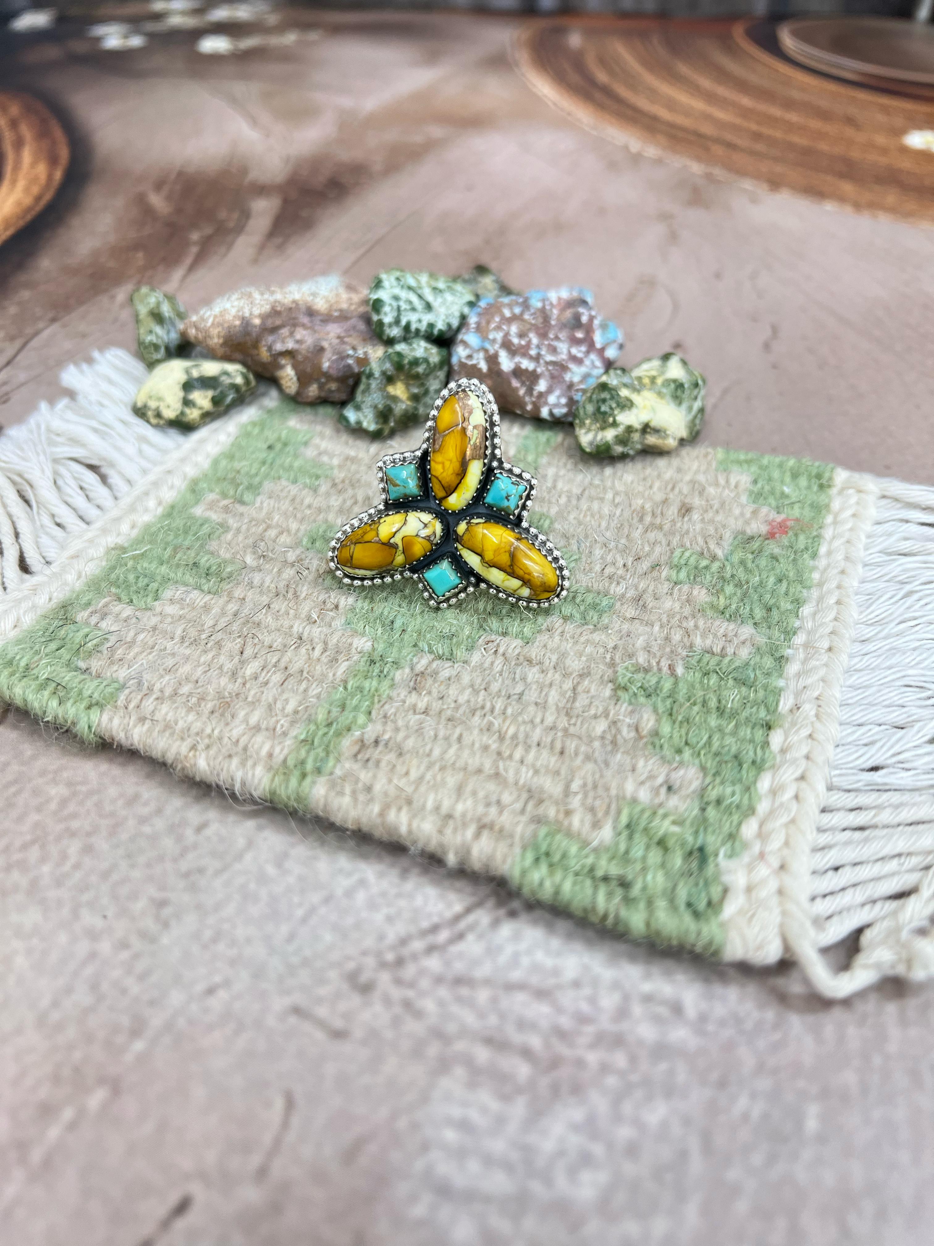 Handmade Sterling Silver Honey Dahlia with Kingman Turquoise Adjustable Ring, Signed Nizhoni