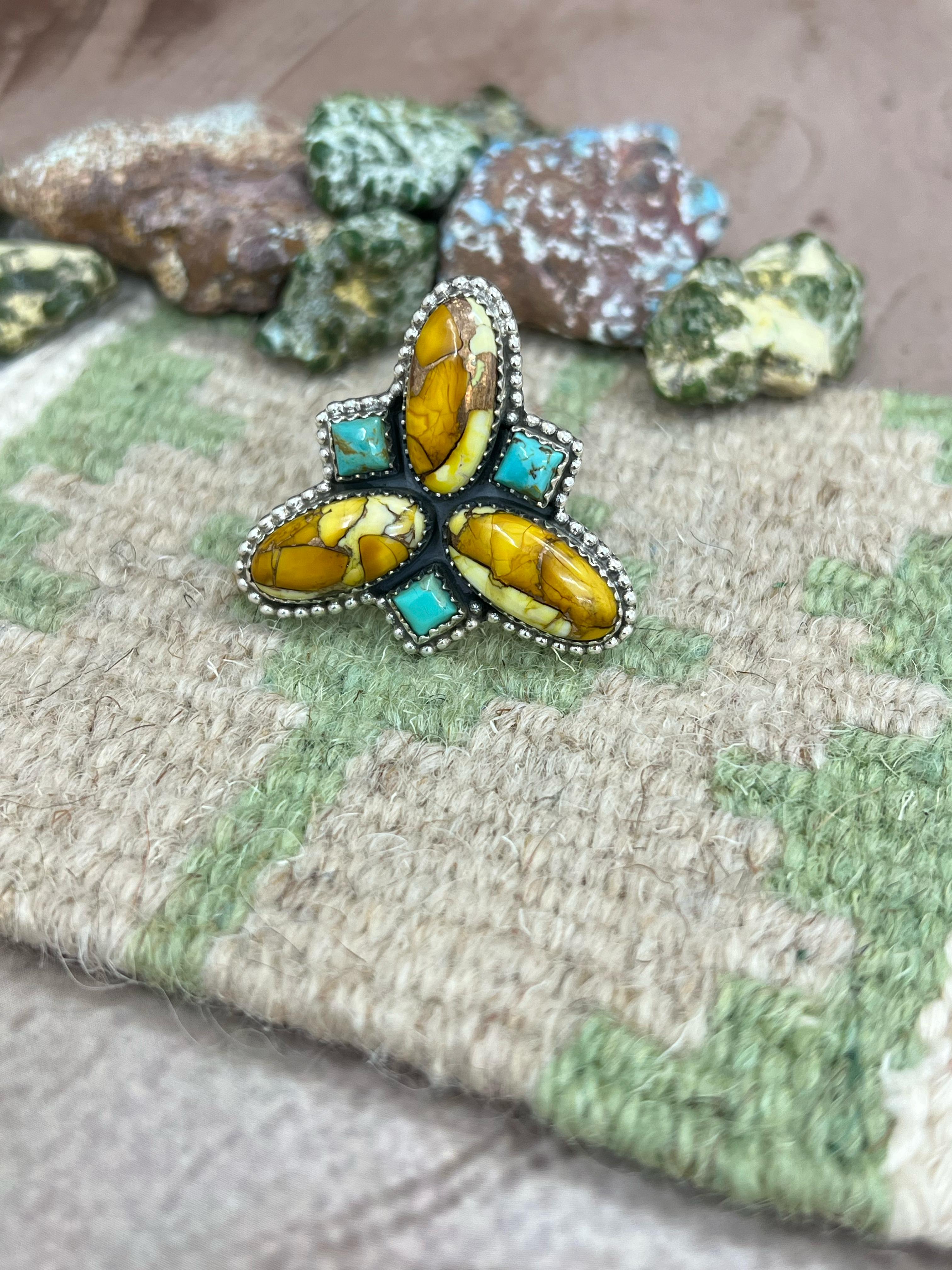 Handmade Sterling Silver Honey Dahlia with Kingman Turquoise Adjustable Ring, Signed Nizhoni