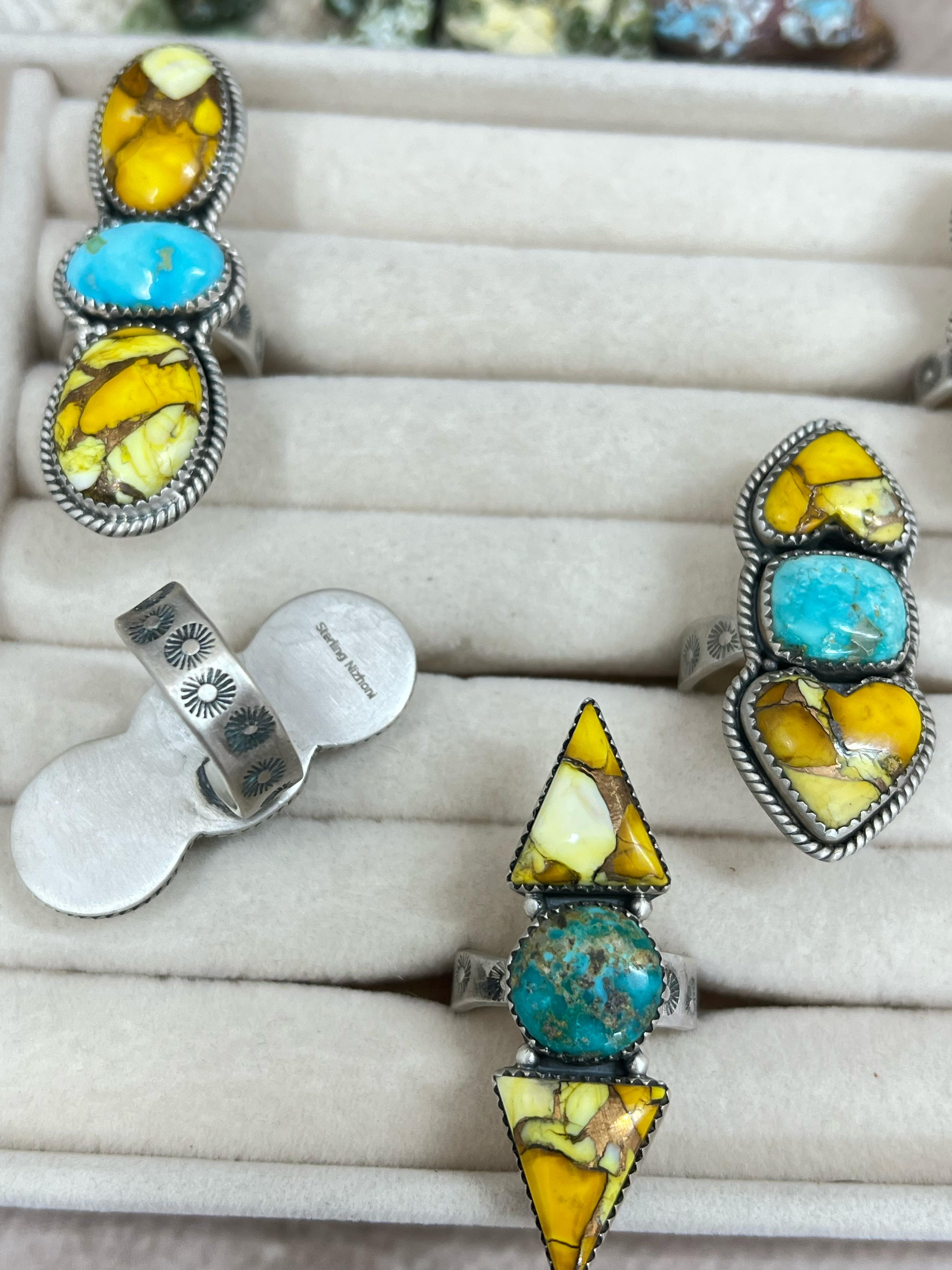 Handmade Sterling Silver Honey Dahlia with South Hill Turquoise Adjustable Ring, Signed Nizhoni