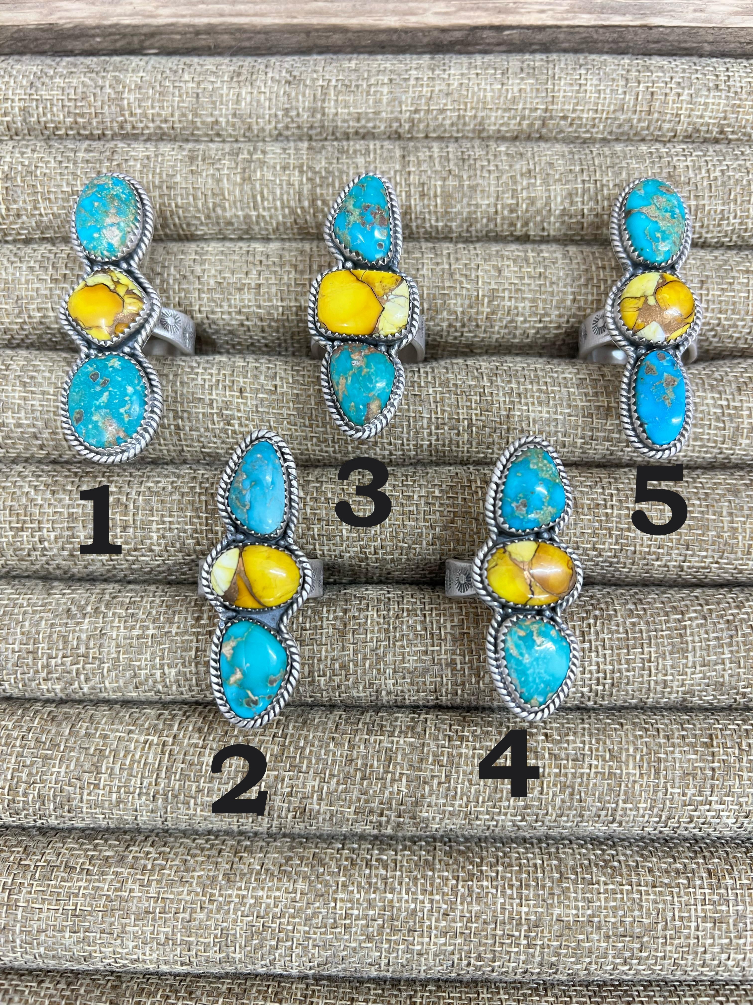 Handmade Sterling Silver Honey Dahlia with South Hill Turquoise Adjustable Ring, Signed Nizhoni