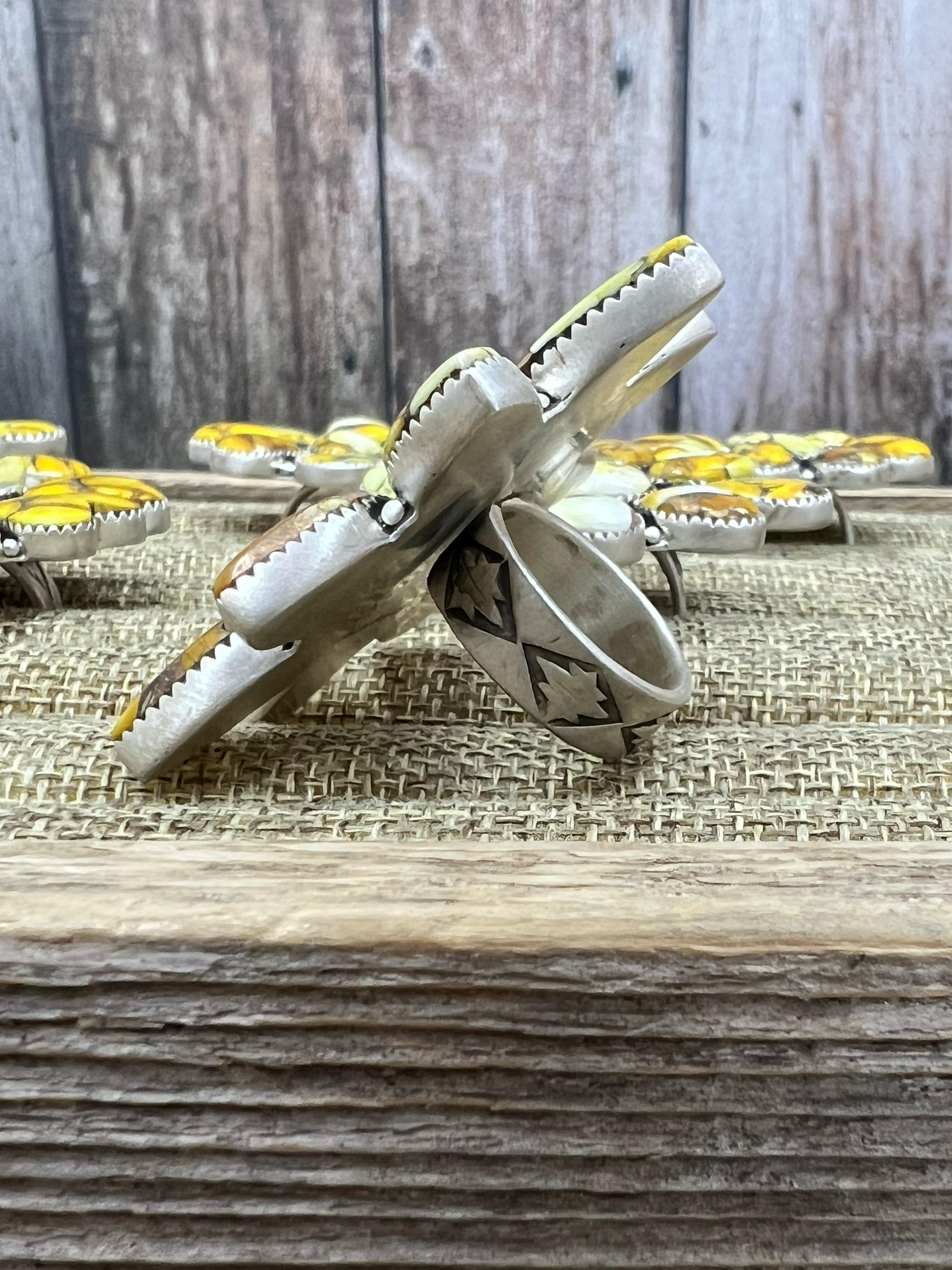 Handmade Sterling Silver Honey Dahlia Adjustable Ring with Signed Nizhoni