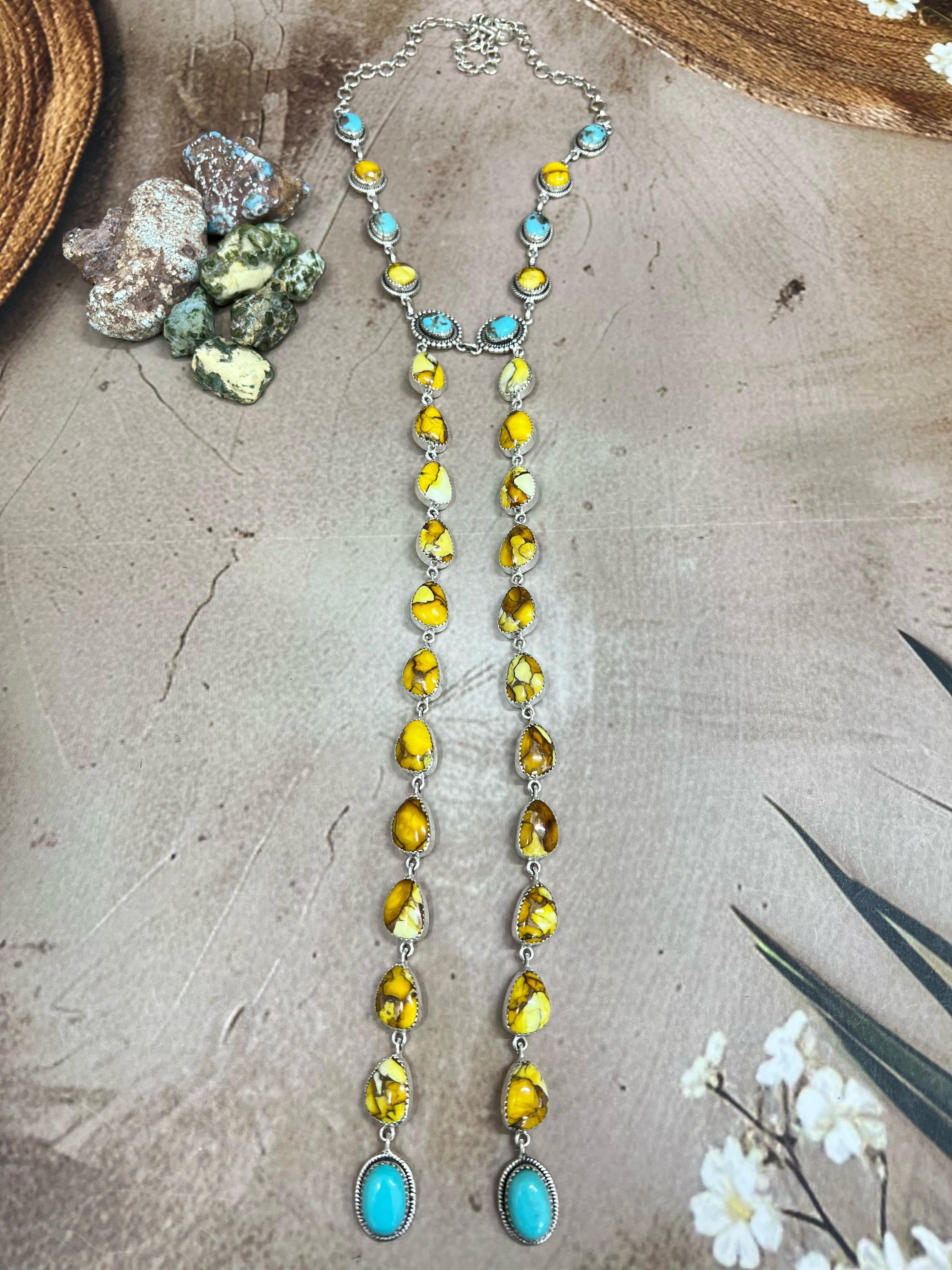 Handmade Sterling Silver Honey Dahlia with Kingman Turquoise Necklace, Signed Nizhoni