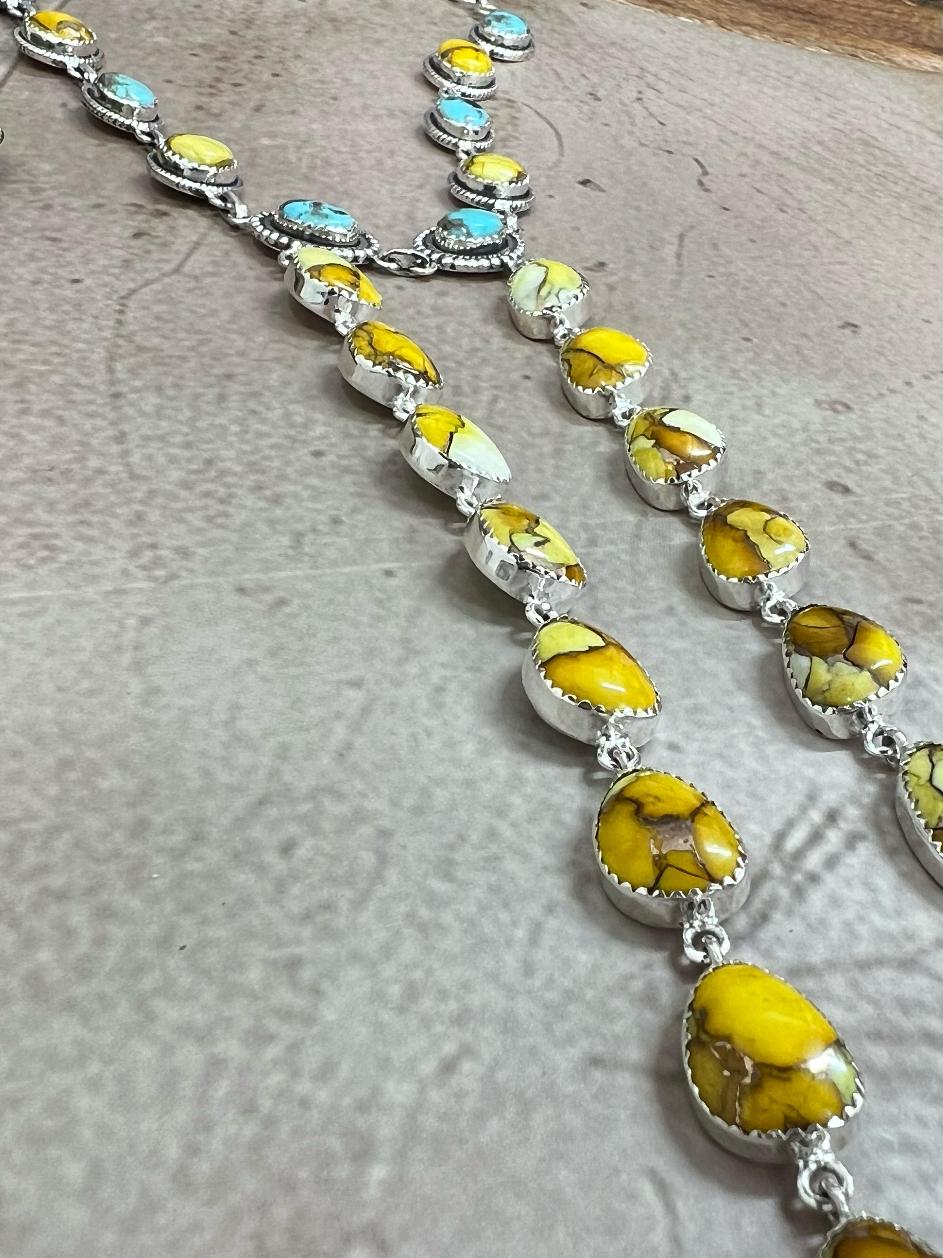 Handmade Sterling Silver Honey Dahlia with Kingman Turquoise Necklace, Signed Nizhoni