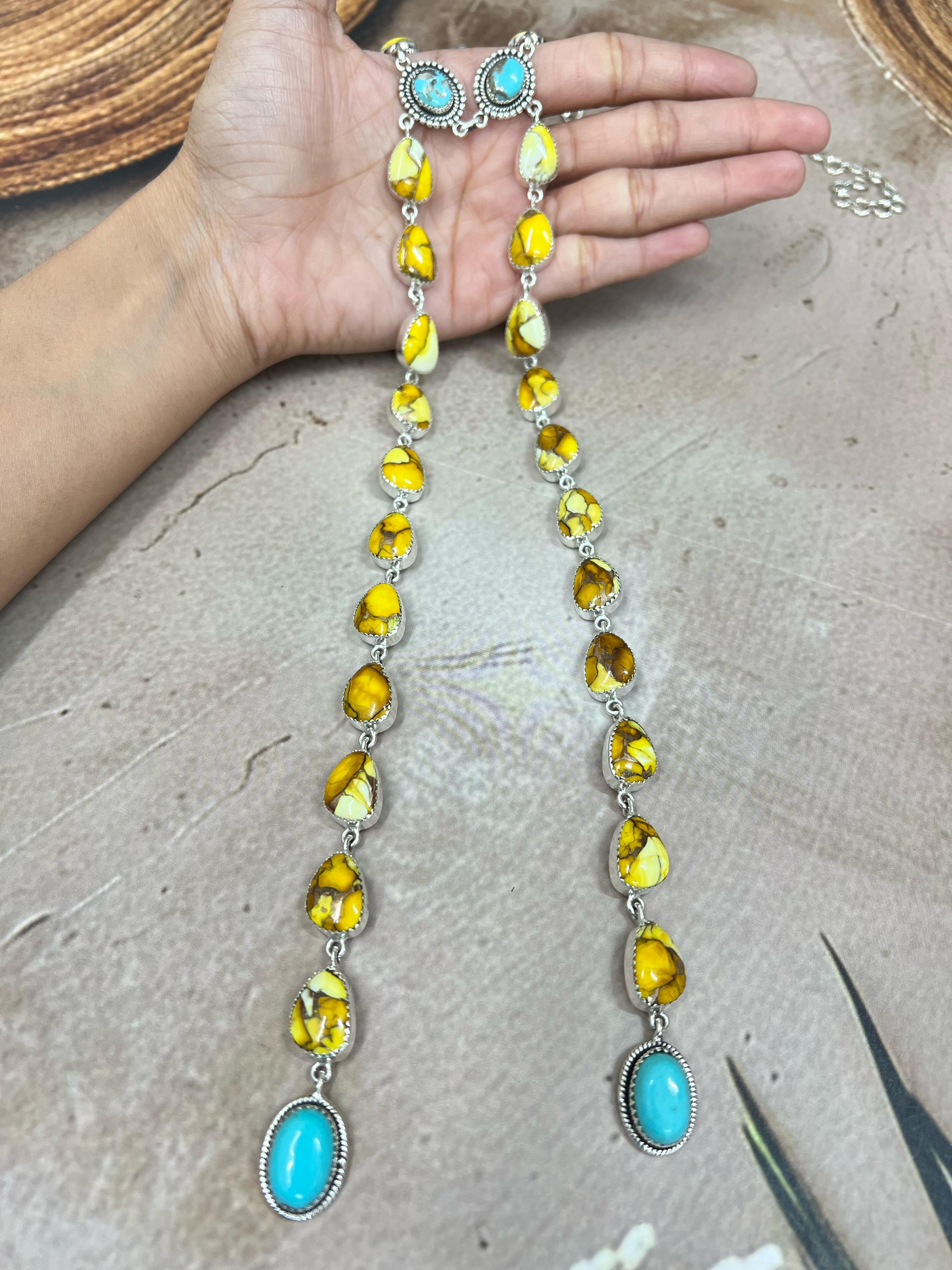 Handmade Sterling Silver Honey Dahlia with Kingman Turquoise Necklace, Signed Nizhoni