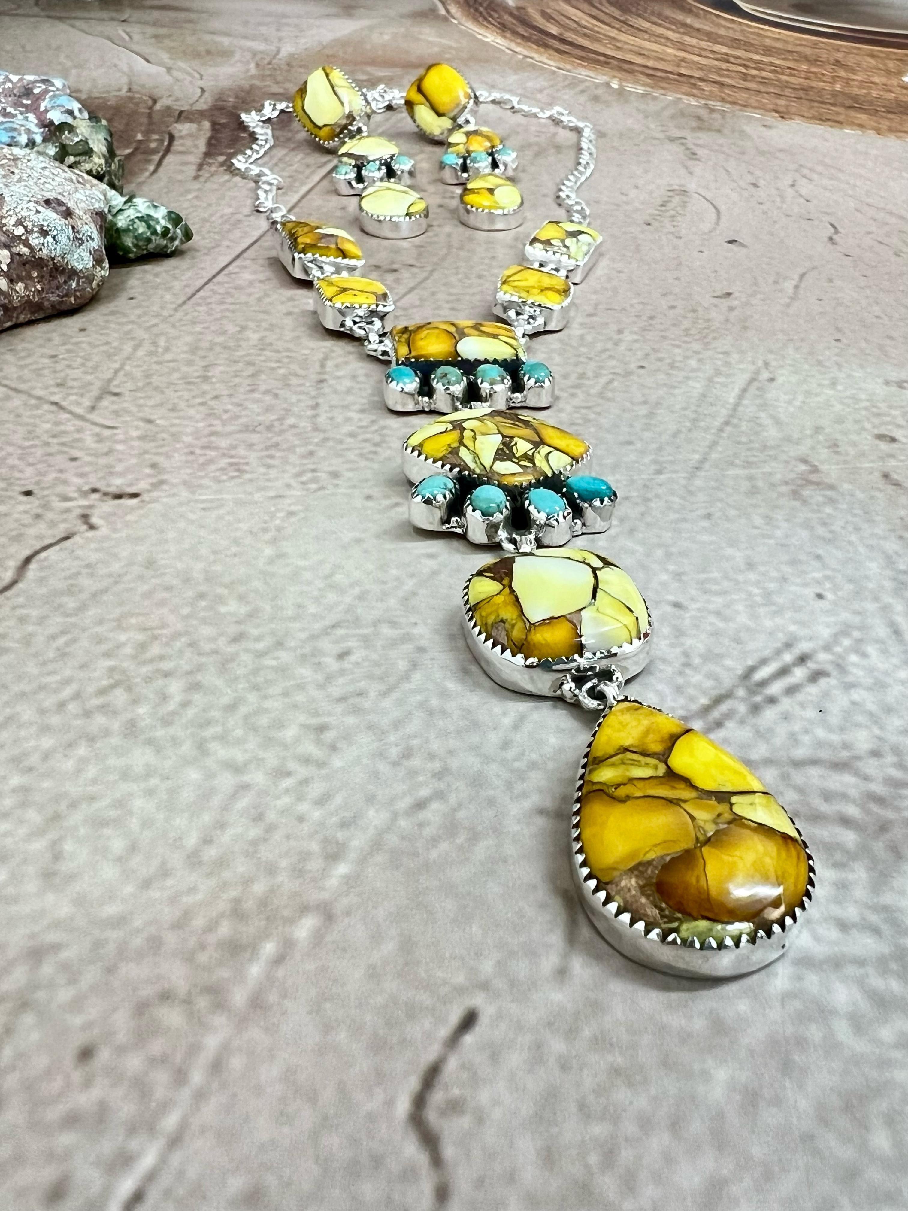 Handmade Sterling Silver Honey Dahlia with Kingman Turquoise Necklace Post Earrings, Signed Nizhoni