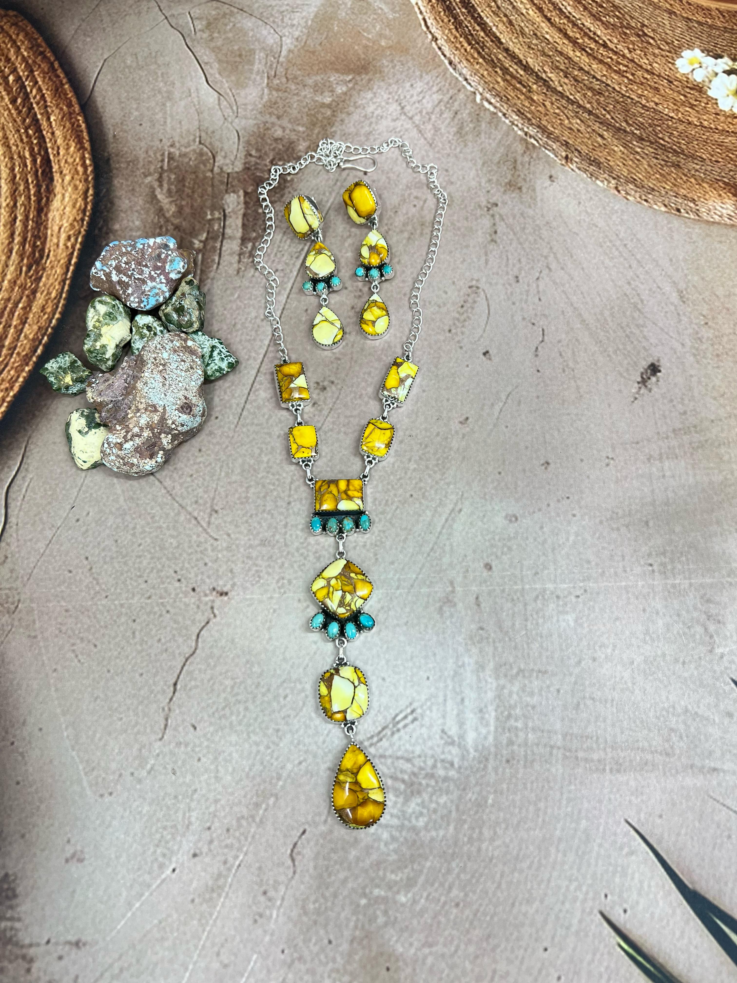 Handmade Sterling Silver Honey Dahlia with Kingman Turquoise Necklace Post Earrings, Signed Nizhoni