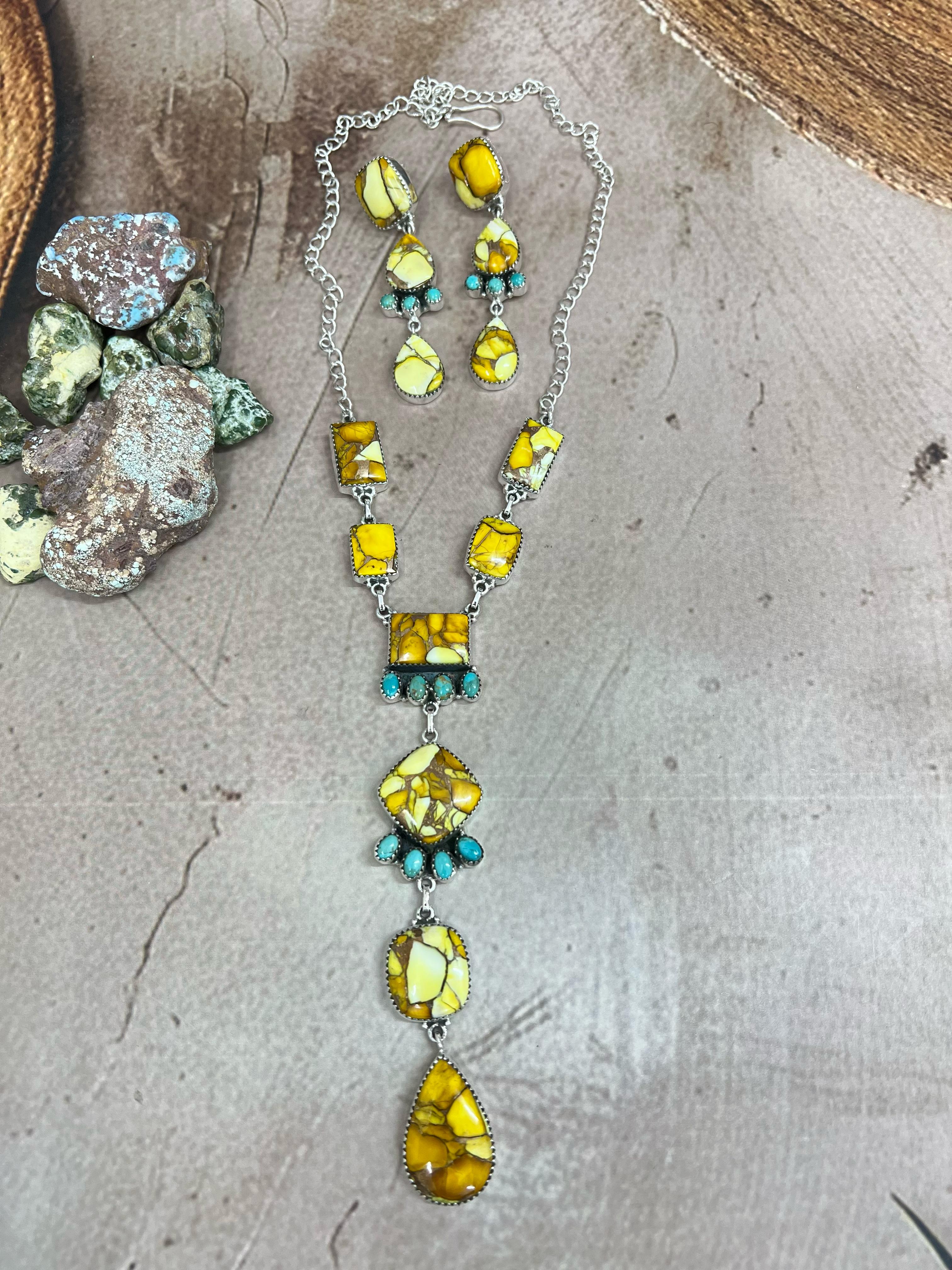 Handmade Sterling Silver Honey Dahlia with Kingman Turquoise Necklace Post Earrings, Signed Nizhoni