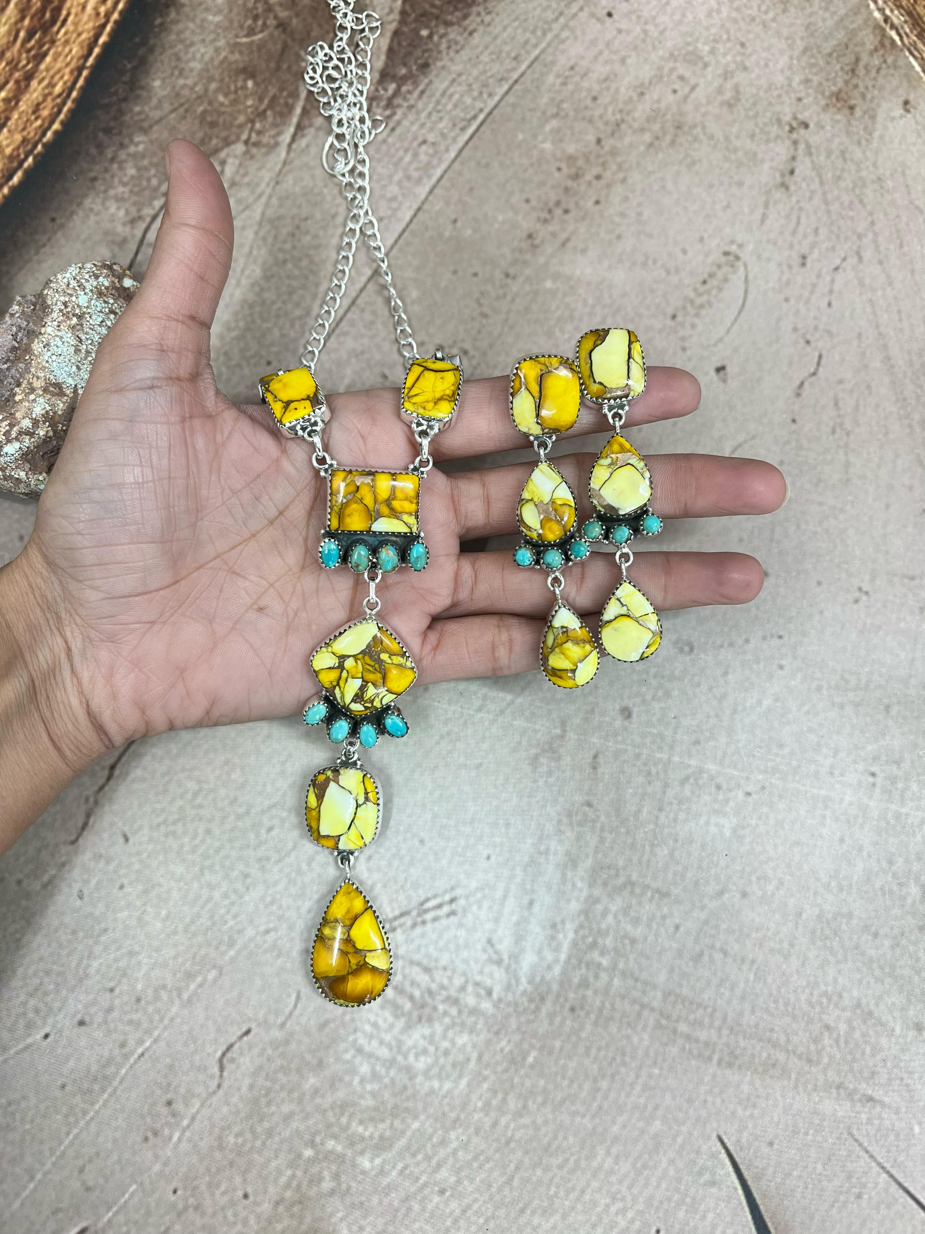 Handmade Sterling Silver Honey Dahlia with Kingman Turquoise Necklace Post Earrings, Signed Nizhoni