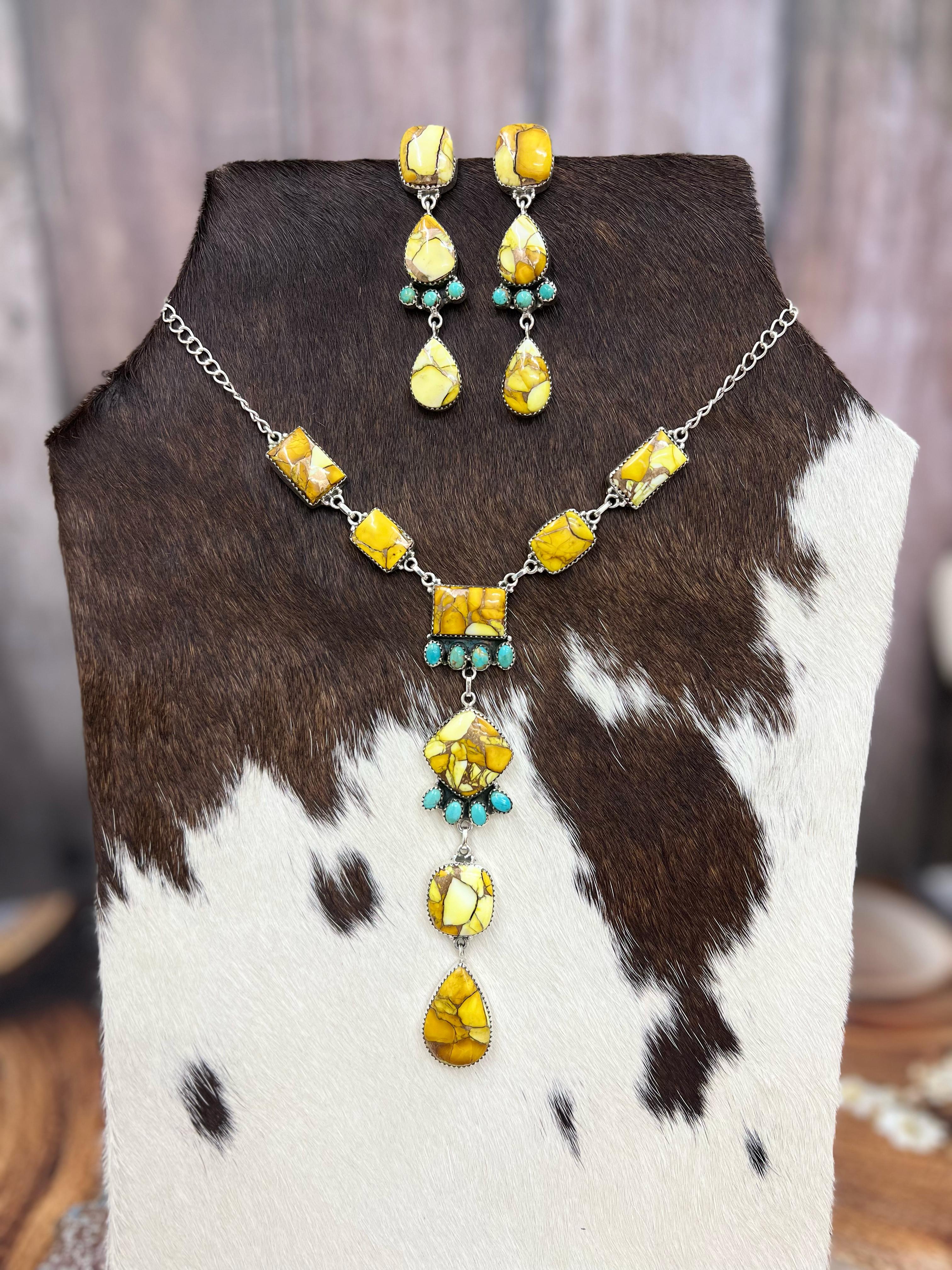 Handmade Sterling Silver Honey Dahlia with Kingman Turquoise Necklace Post Earrings, Signed Nizhoni