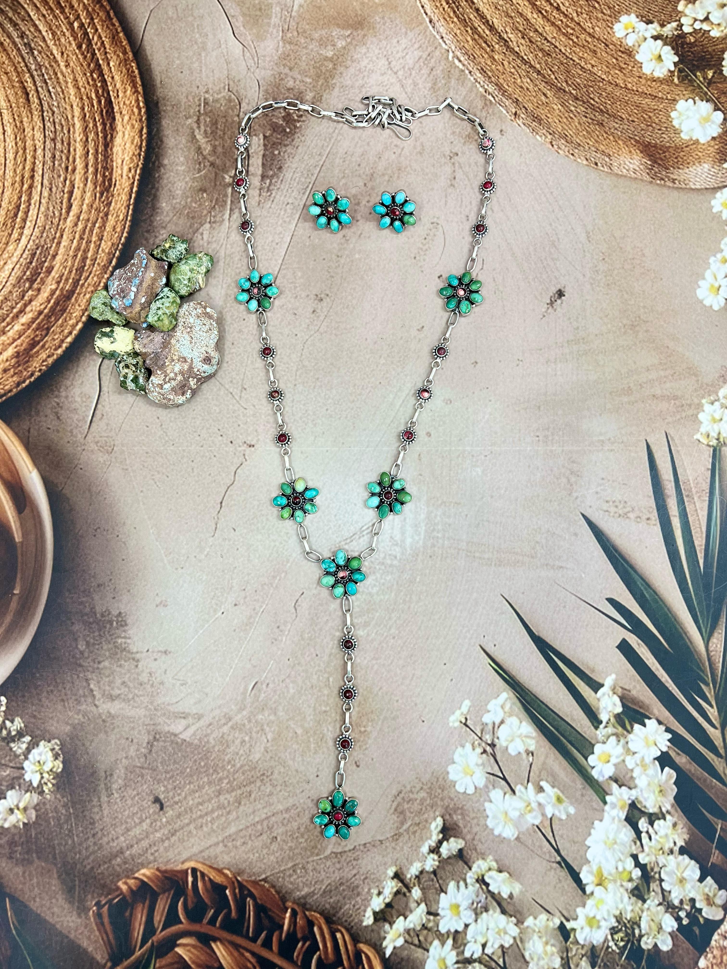 Handmade Sterling Silver Emerald Valley Turquoise with Dahlia Rose Necklace Post Earrings Set with Signed Nizhoni