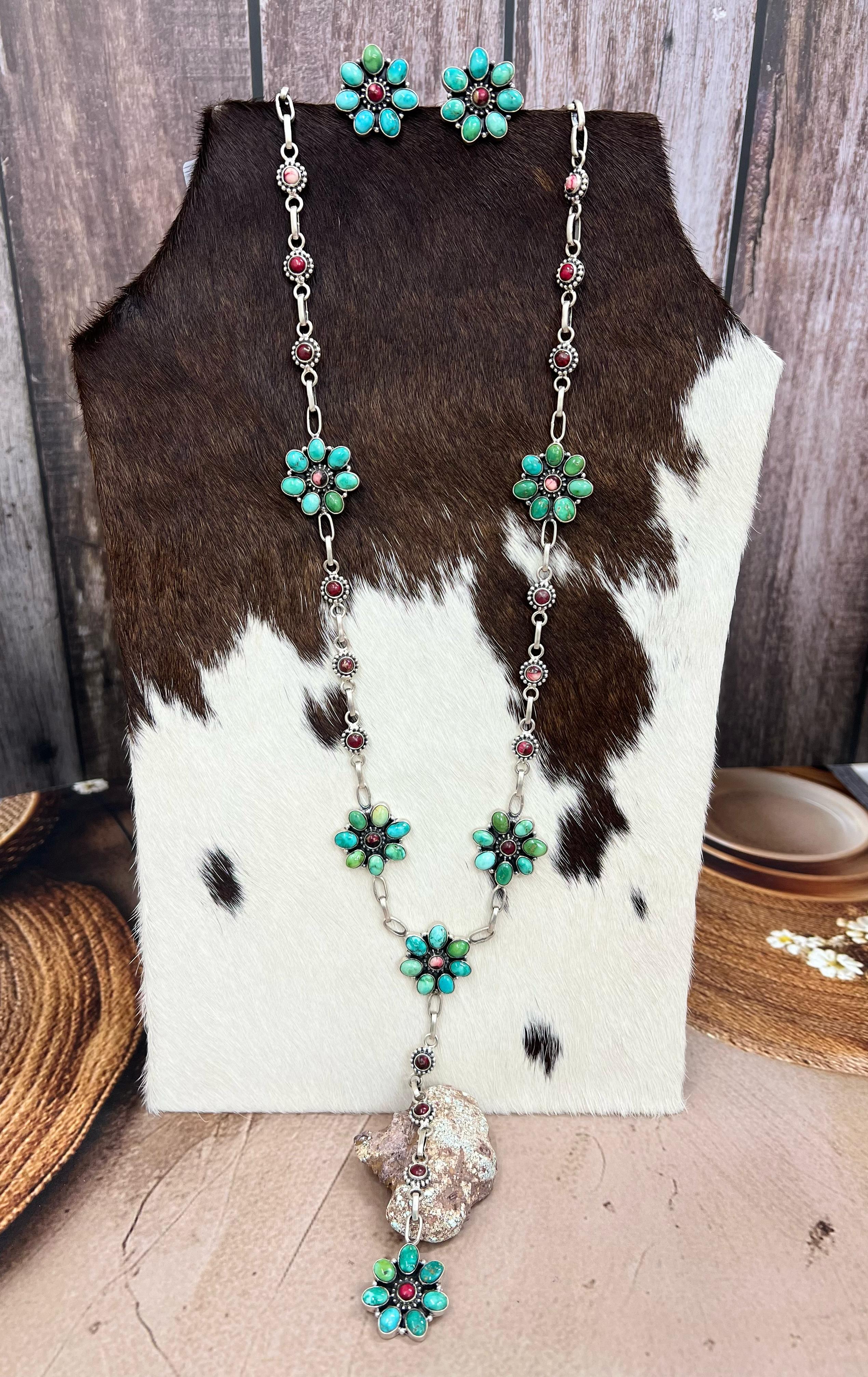 Handmade Sterling Silver Emerald Valley Turquoise with Dahlia Rose Necklace Post Earrings Set with Signed Nizhoni