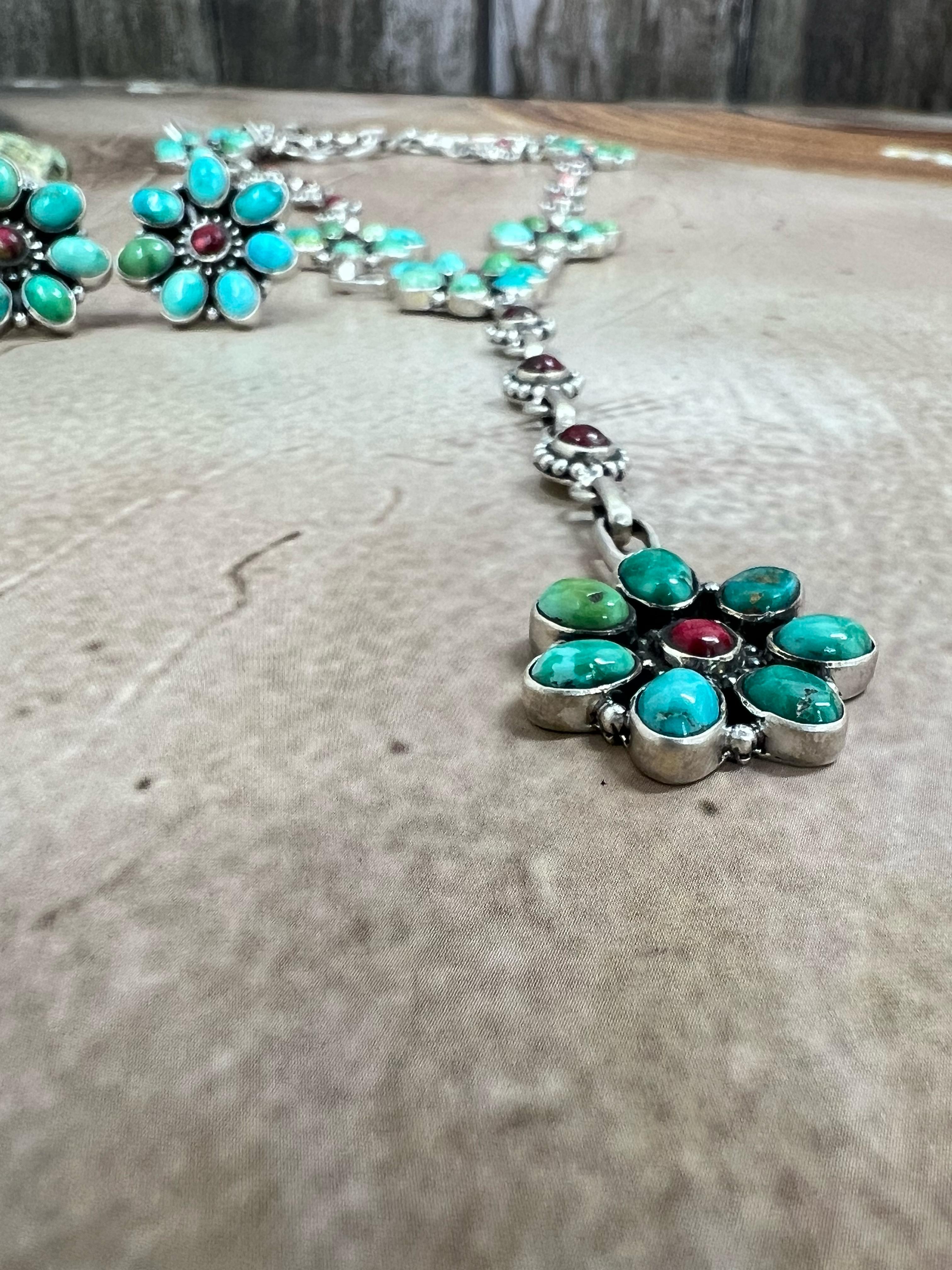 Handmade Sterling Silver Emerald Valley Turquoise with Dahlia Rose Necklace Post Earrings Set with Signed Nizhoni