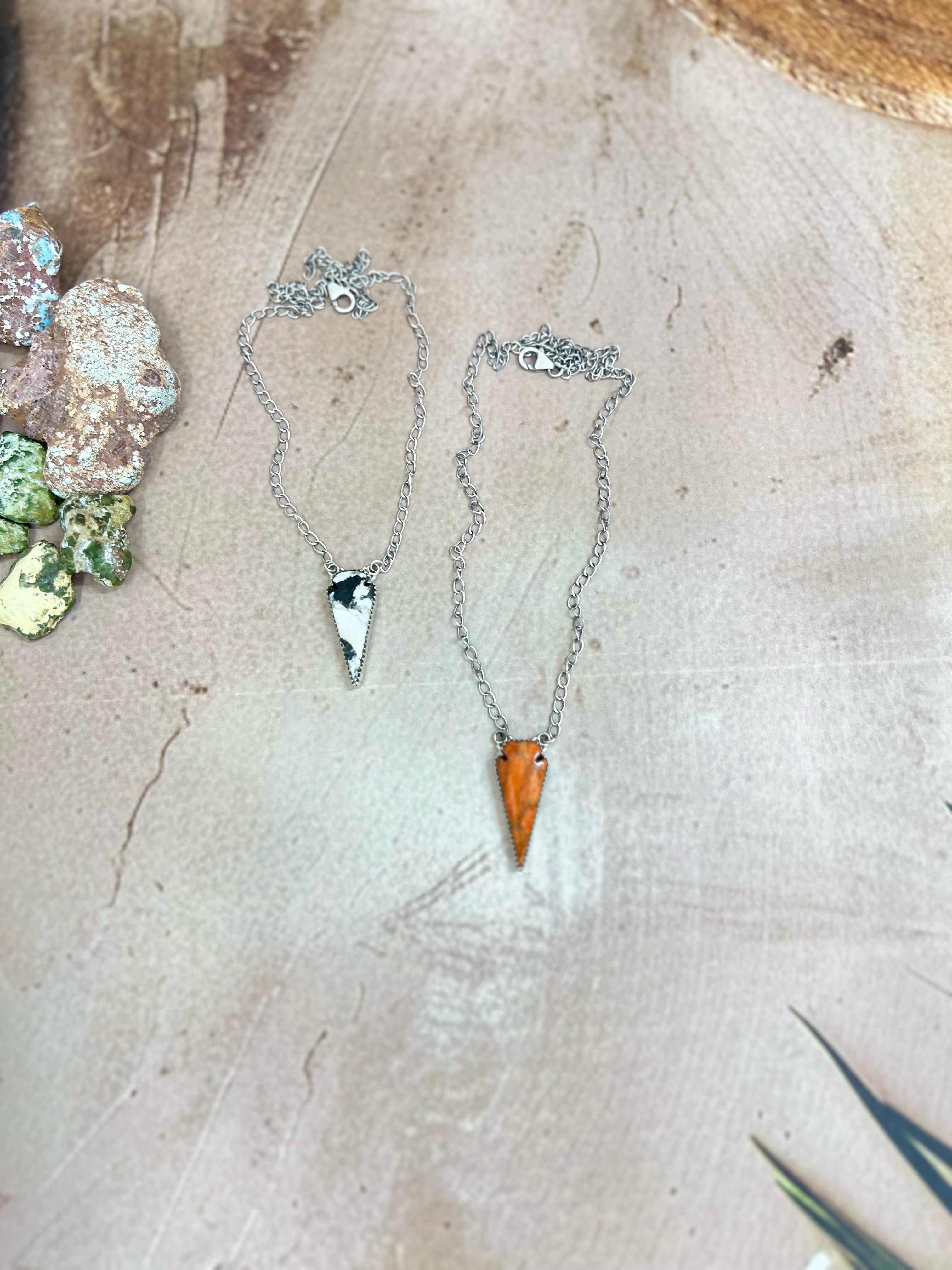 Handmade Sterling Silver Orange Mojave Turquoise, White Buffalo Turquoise Necklace with Signed Nizhoni