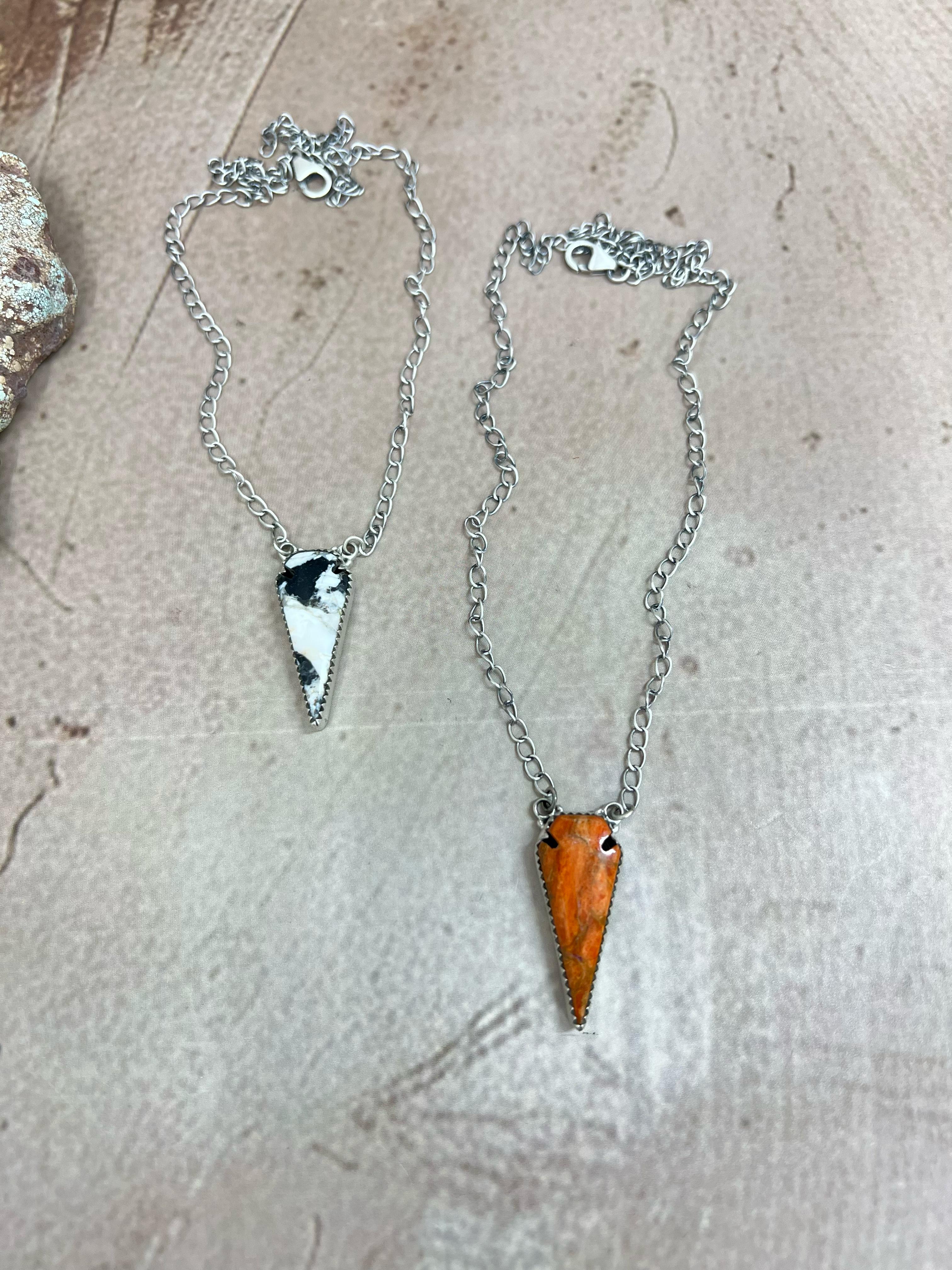 Handmade Sterling Silver Orange Mojave Turquoise, White Buffalo Turquoise Necklace with Signed Nizhoni