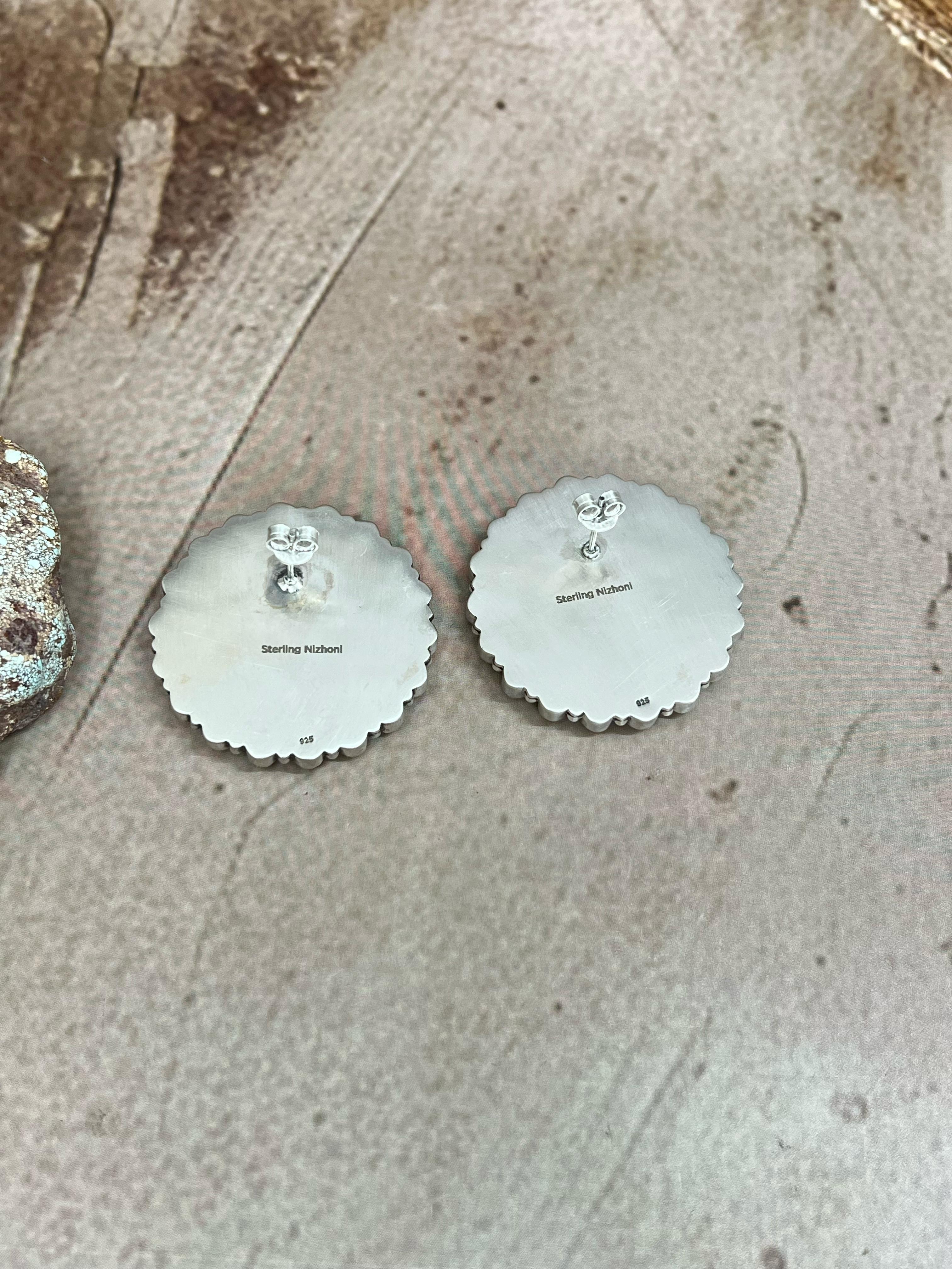 Handmade Sterling Silver Honey Dahlia Post Earrings with Signed Nizhoni