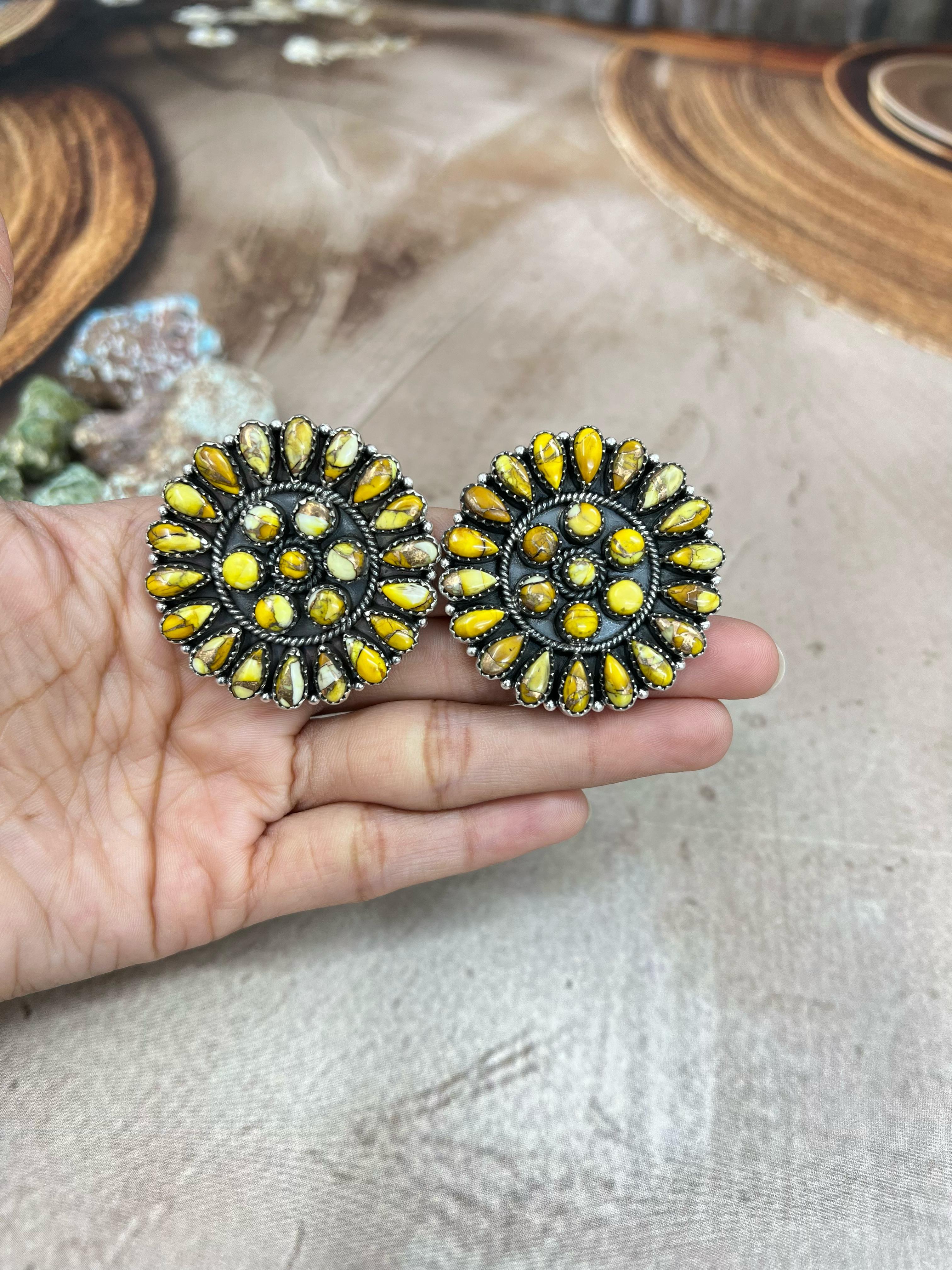 Handmade Sterling Silver Honey Dahlia Post Earrings with Signed Nizhoni