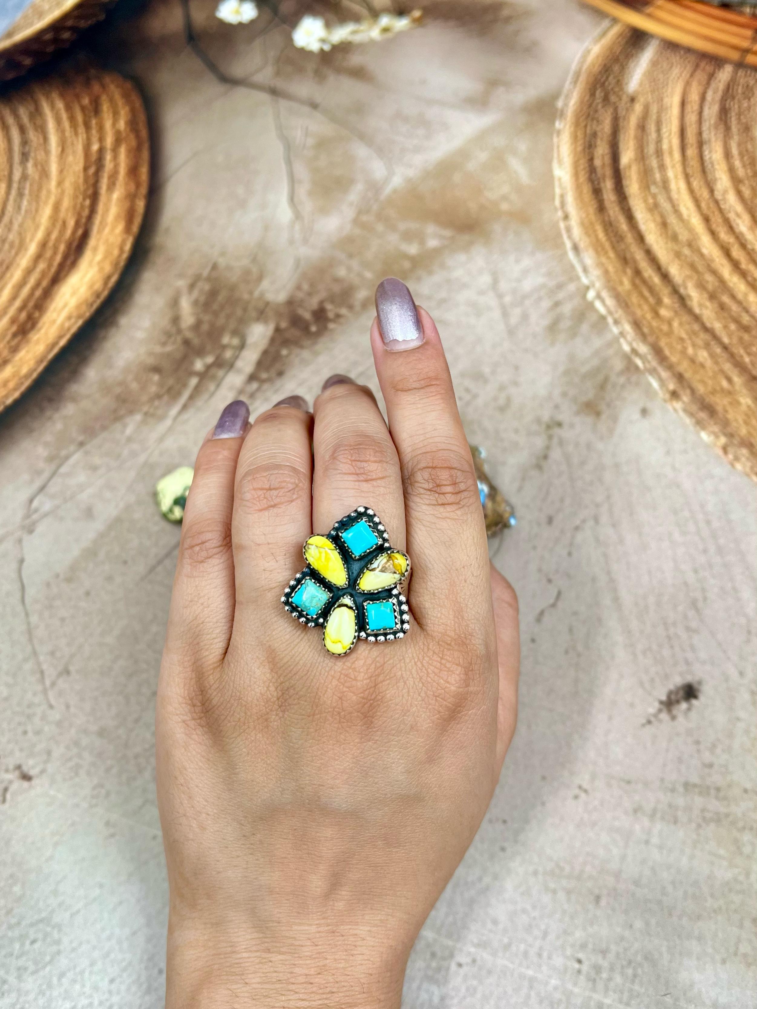 Handmade Sterling Silver Honey Dahlia with Kingman Turquoise Adjustable Ring, Signed Nizhoni