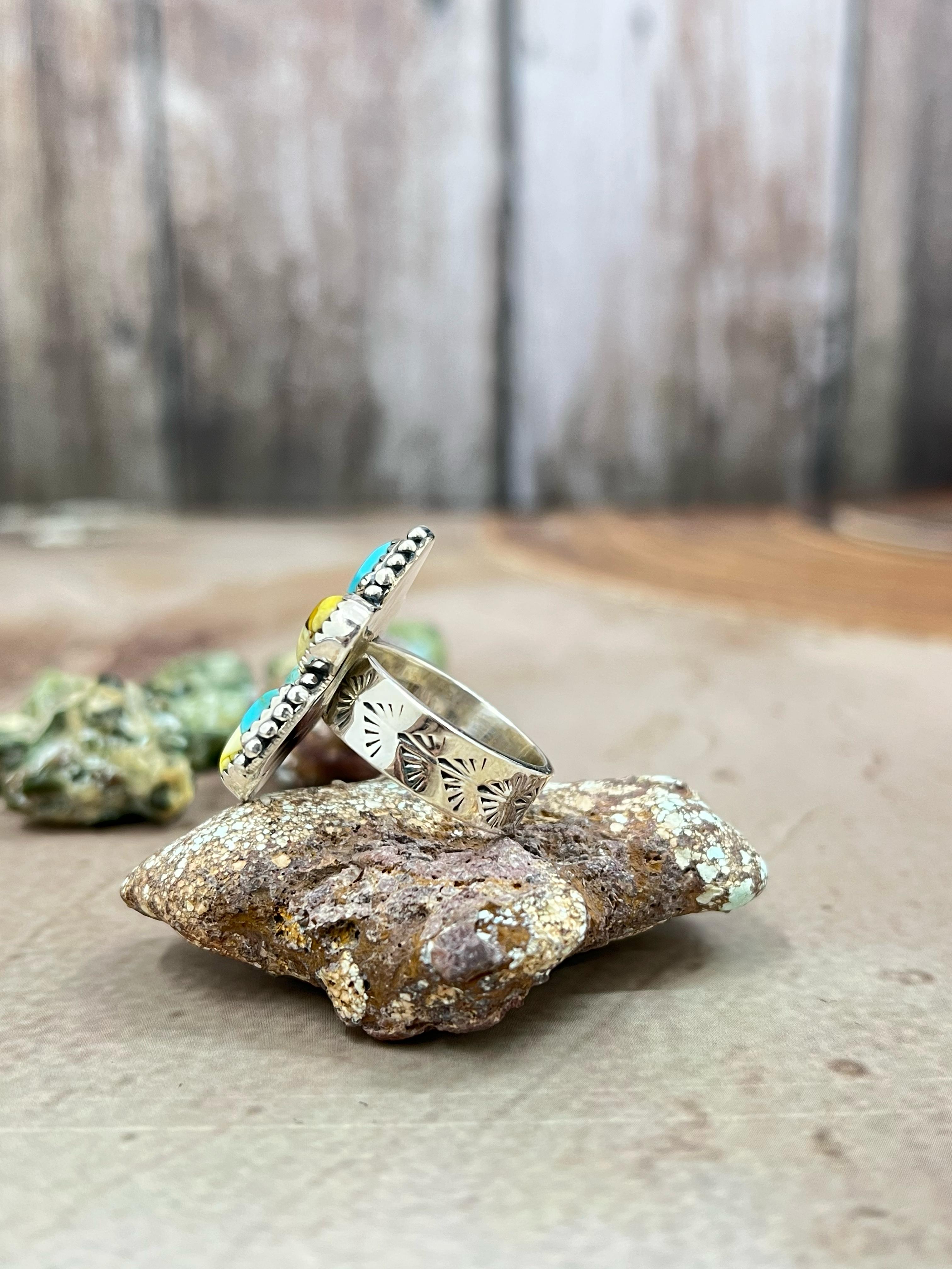 Handmade Sterling Silver Honey Dahlia with Kingman Turquoise Adjustable Ring, Signed Nizhoni