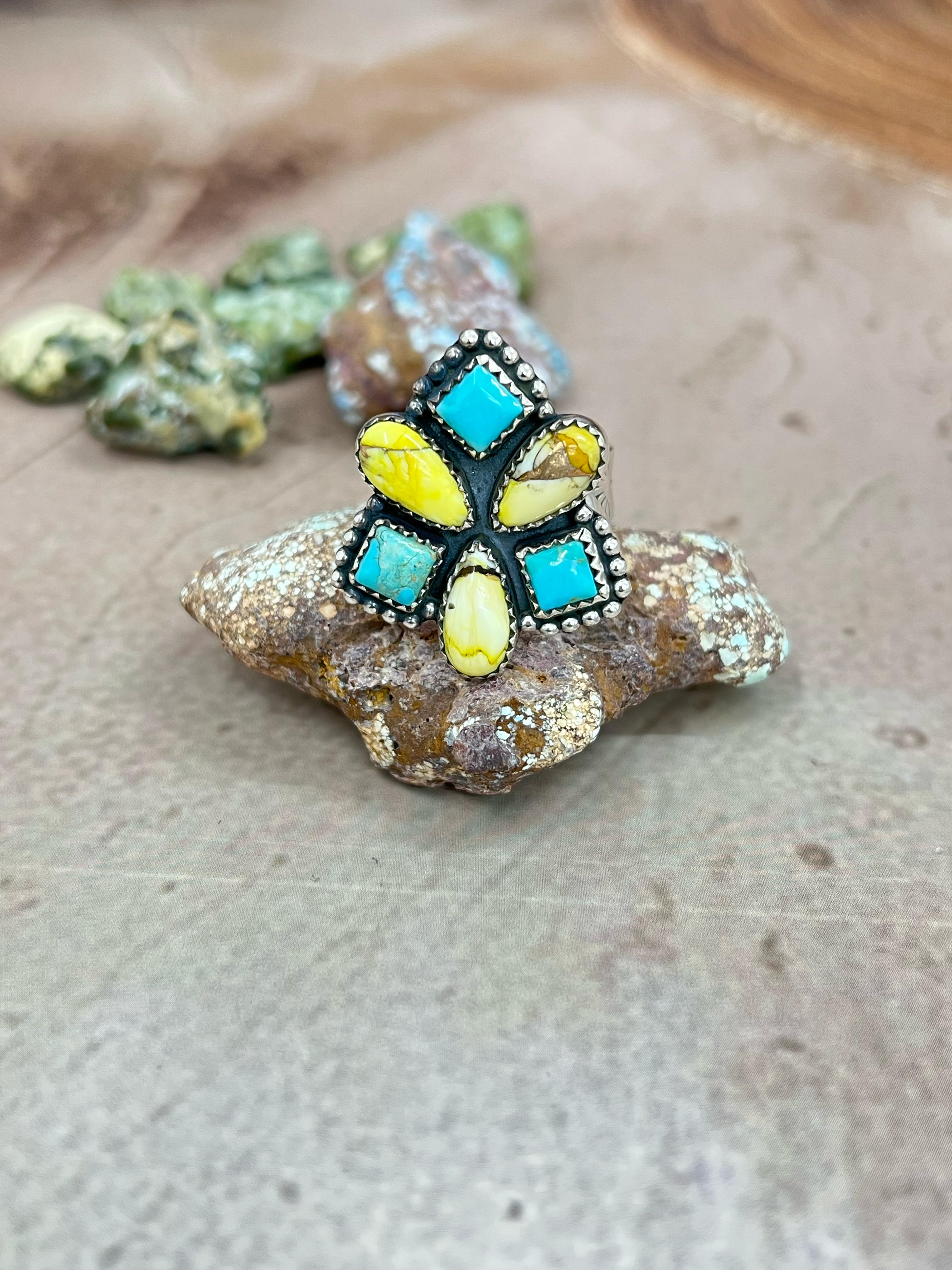 Handmade Sterling Silver Honey Dahlia with Kingman Turquoise Adjustable Ring, Signed Nizhoni