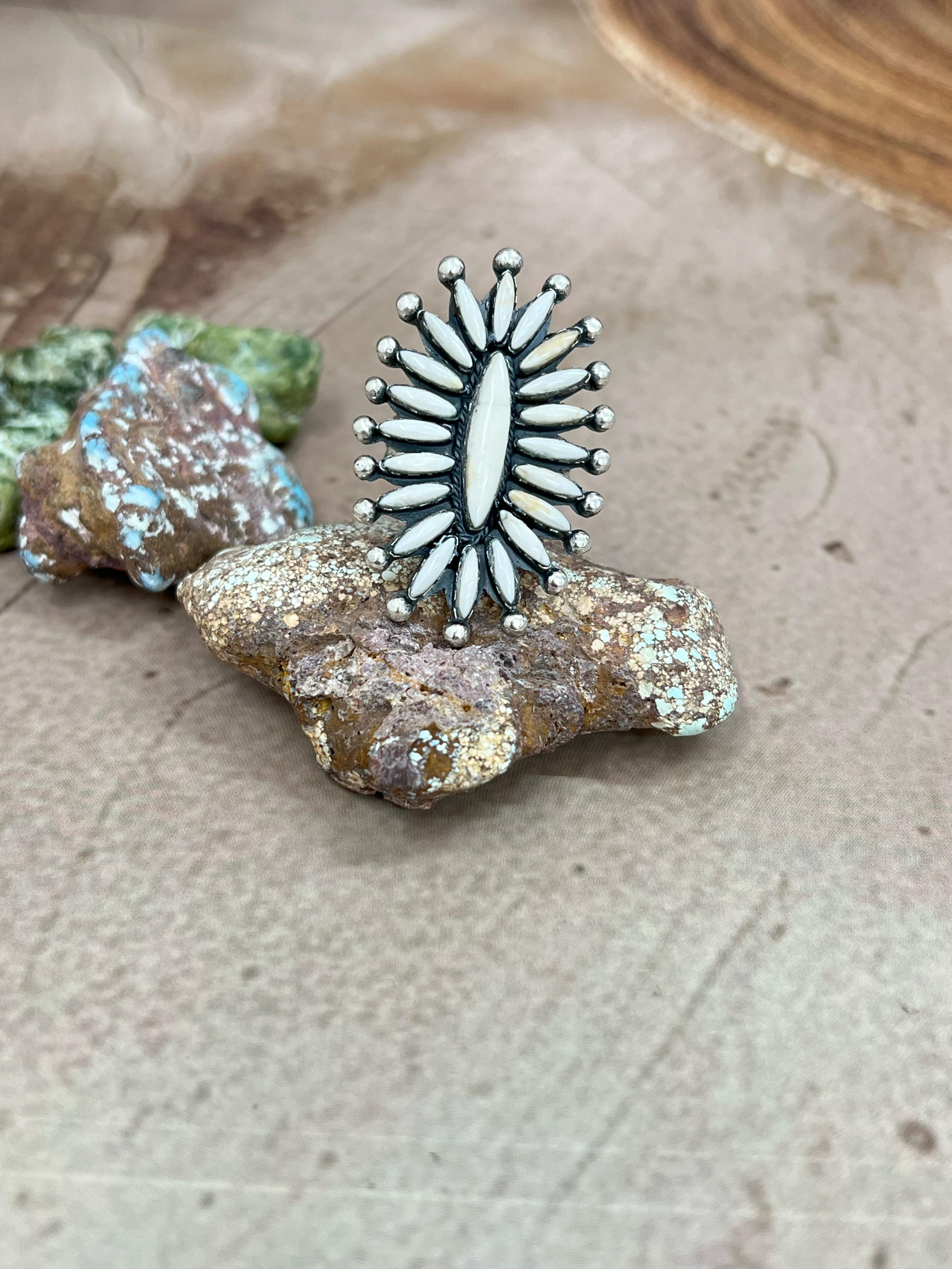 Handmade Sterling Silver White Buffalo Turquoise Adjustable Ring, Signed Nizhoni