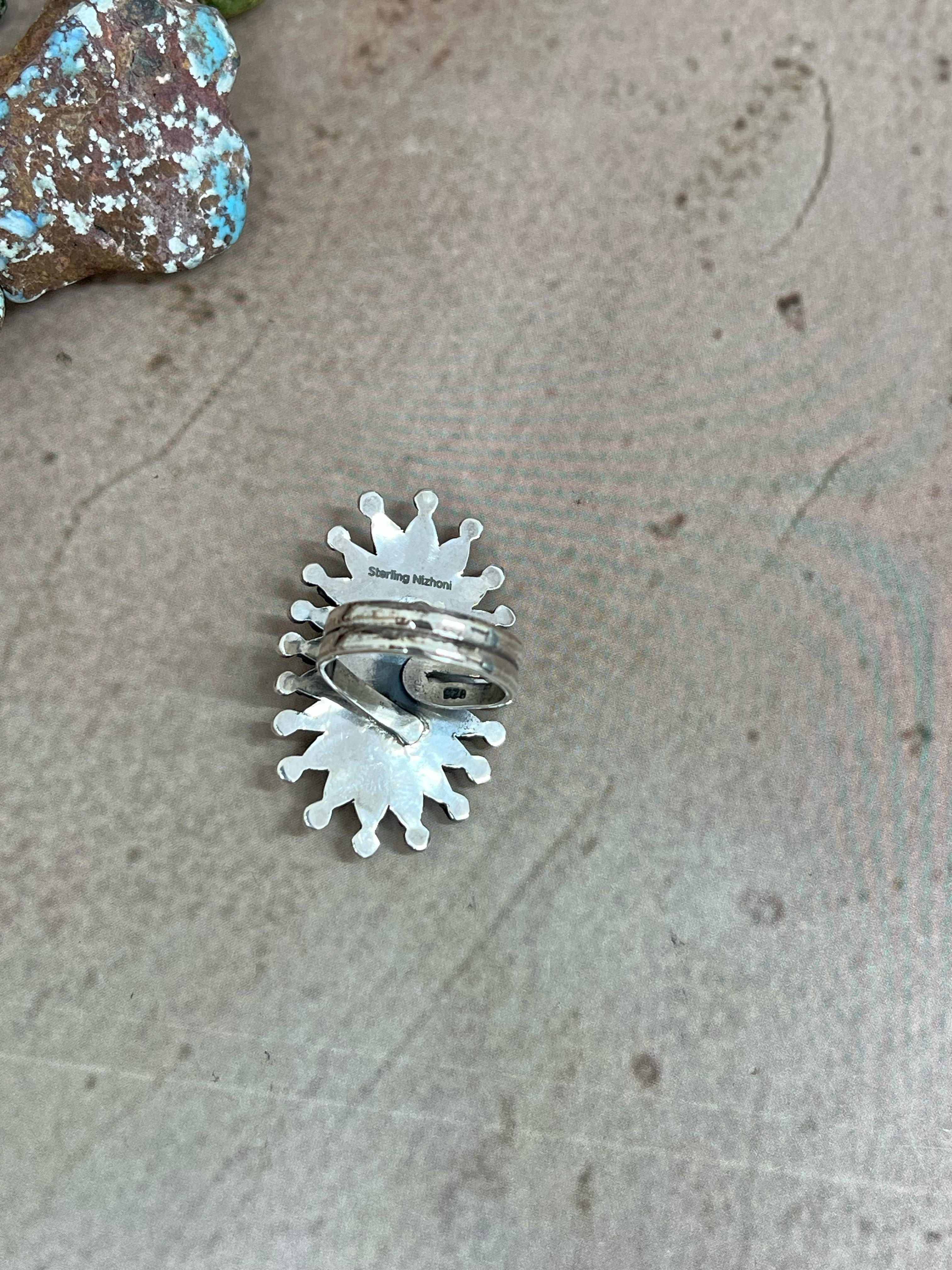 Handmade Sterling Silver White Buffalo Turquoise Adjustable Ring, Signed Nizhoni