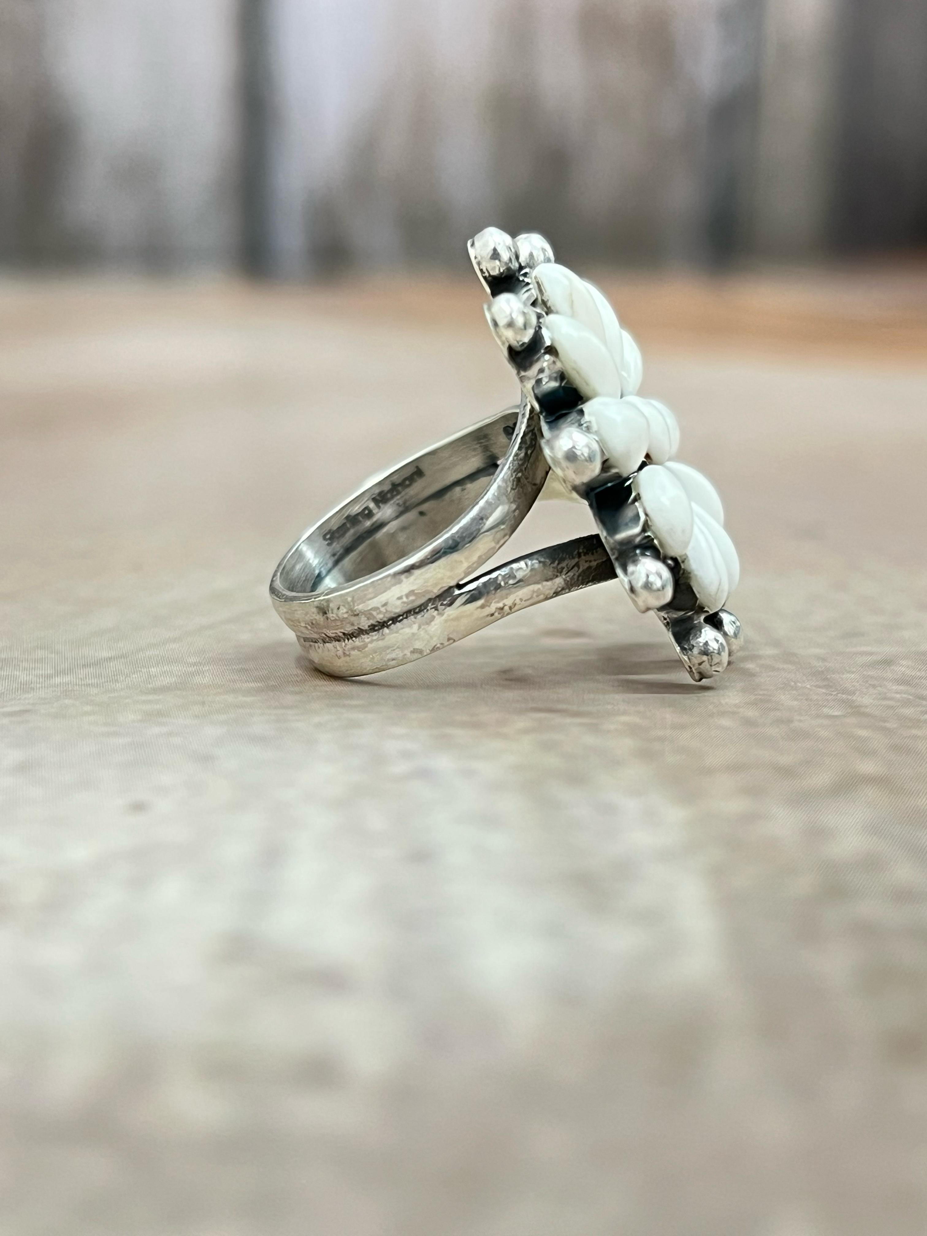 Handmade Sterling Silver White Buffalo Turquoise Adjustable Ring, Signed Nizhoni