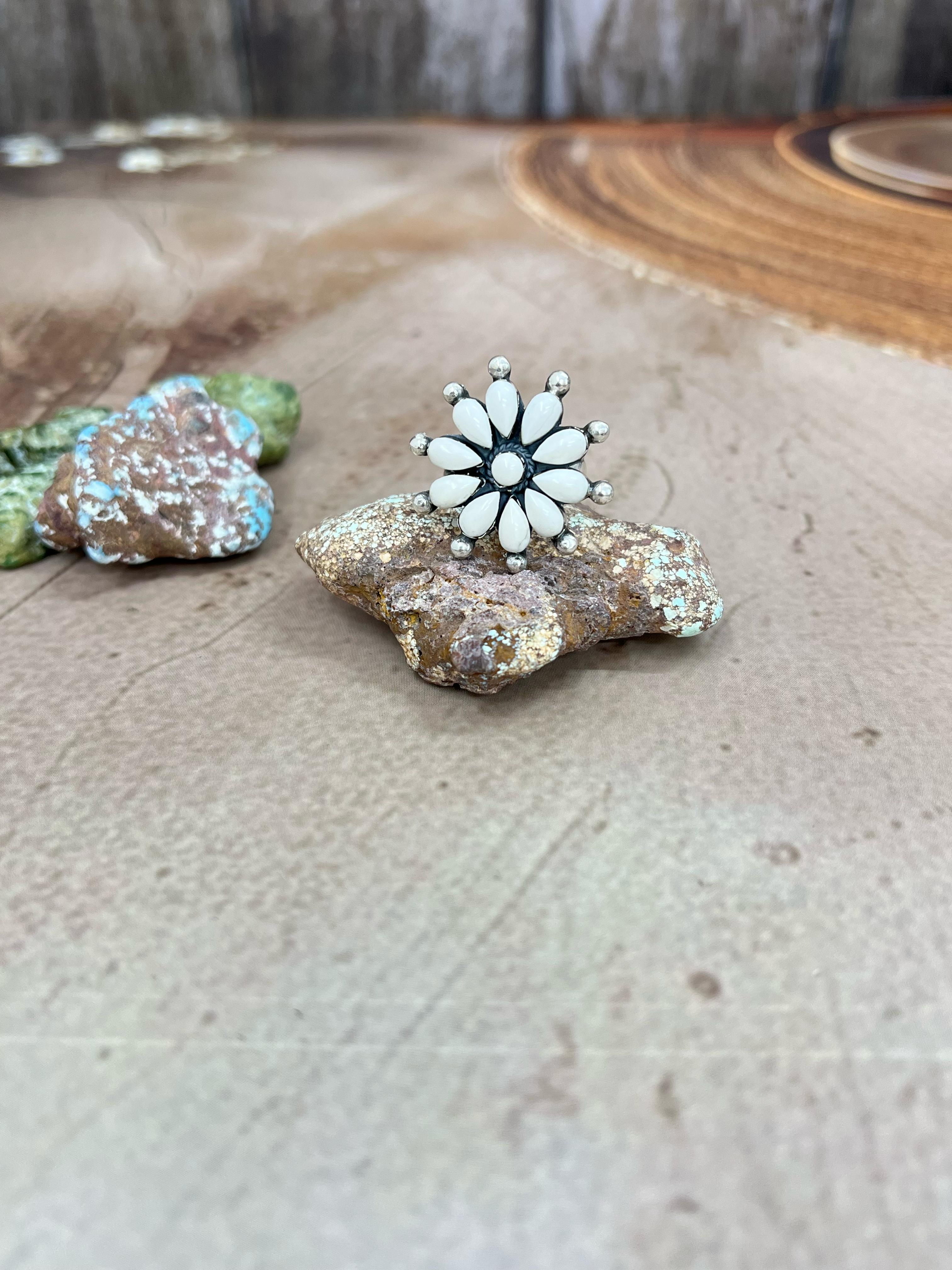 Handmade Sterling Silver White Buffalo Turquoise Adjustable Ring, Signed Nizhoni