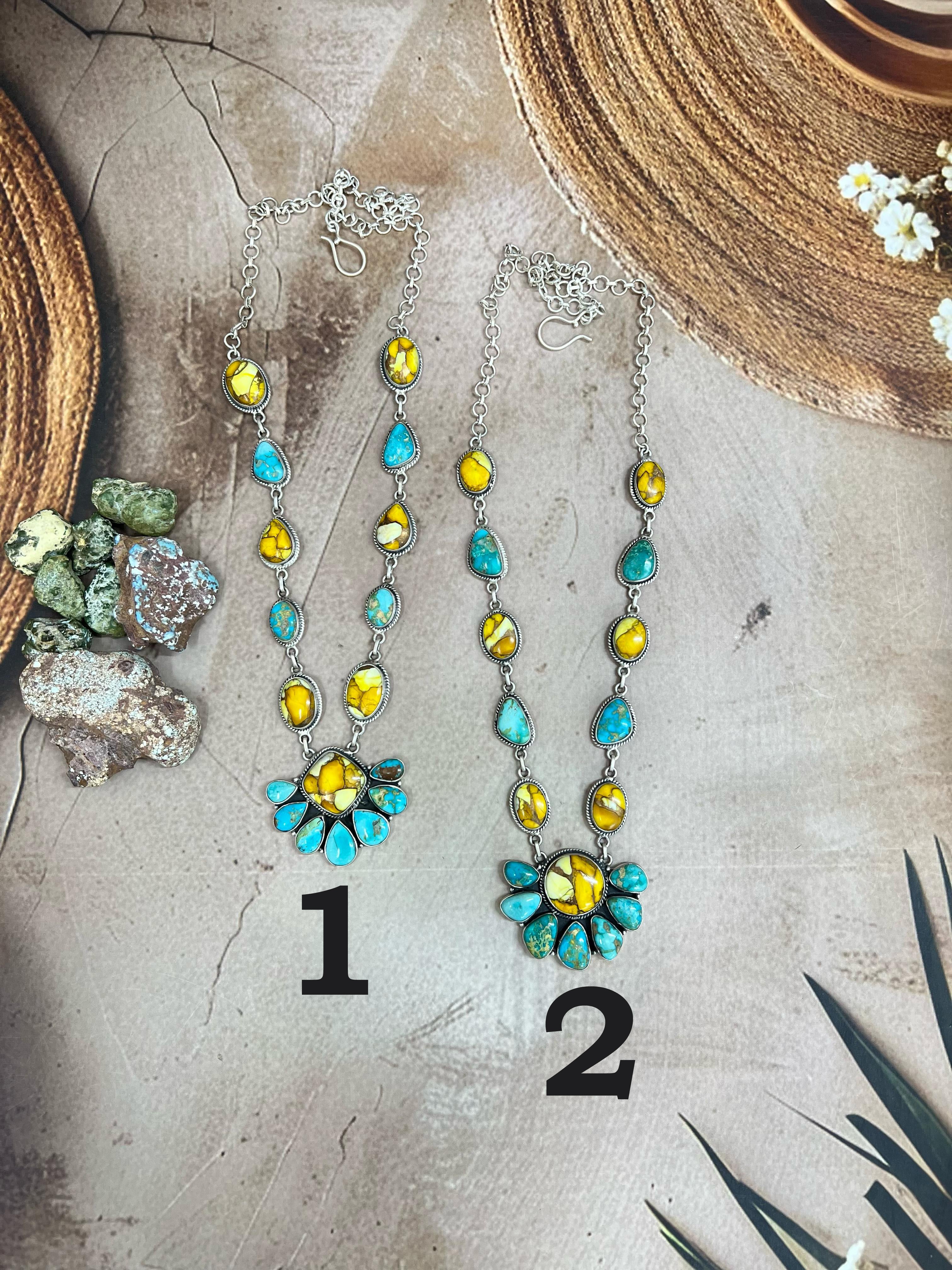 Handmade Sterling Silver Honey Dahlia with South Hill Turquoise Necklace with Signed Nizhoni