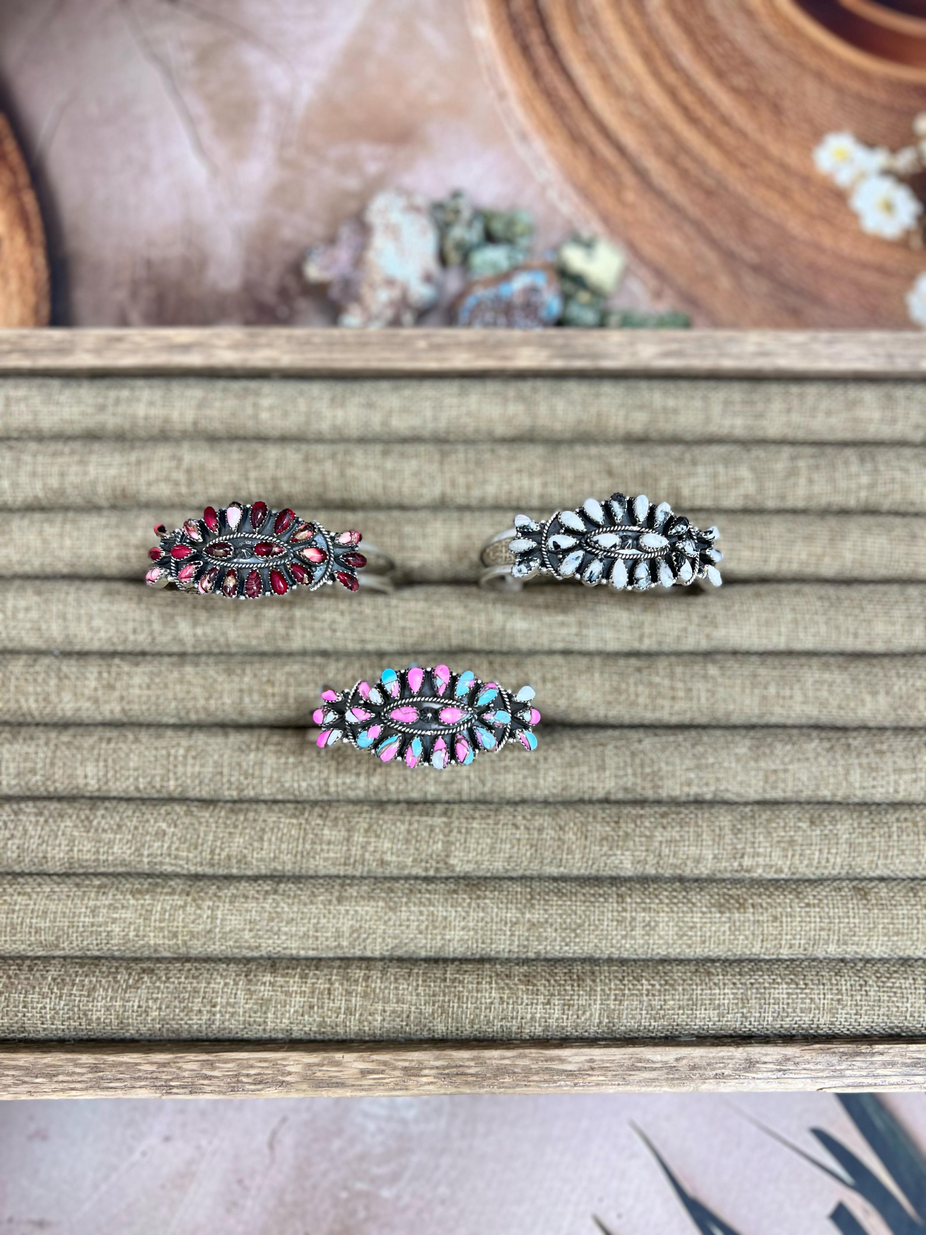 Handmade Sterling Silver Multi Stones Cuff Bracelet with Signed Nizhoni