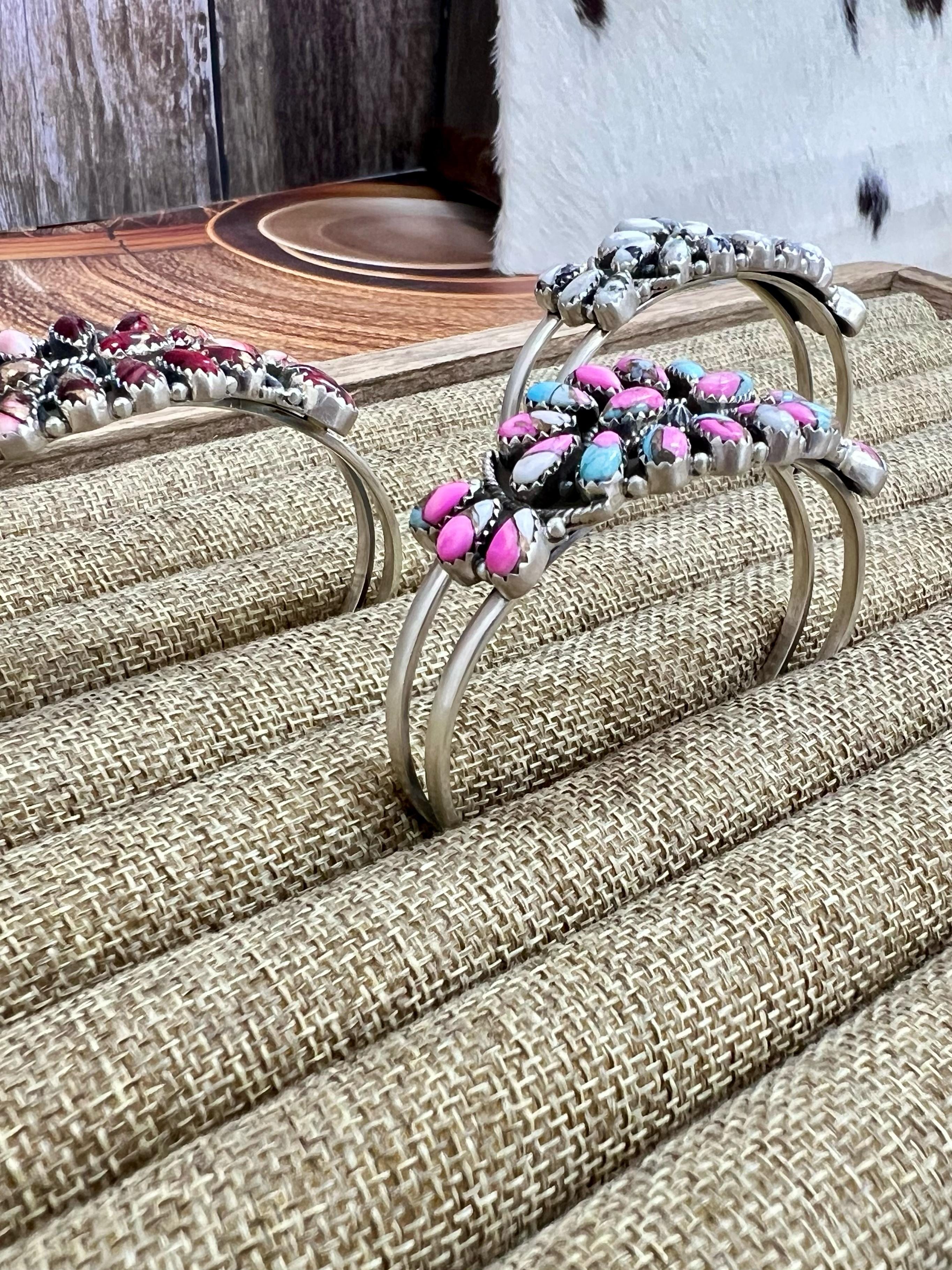 Handmade Sterling Silver Multi Stones Cuff Bracelet with Signed Nizhoni