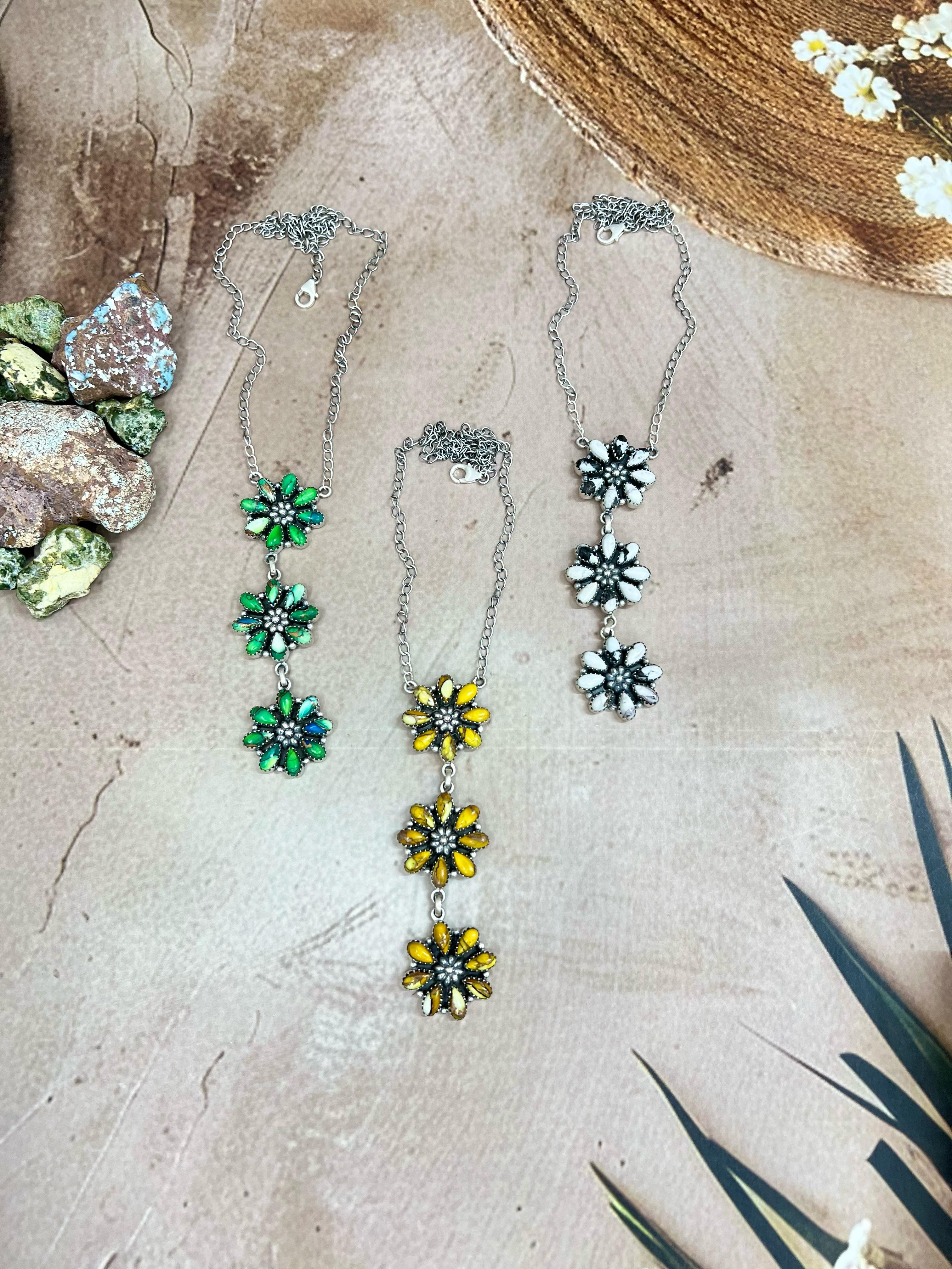 Handmade Sterling Silver Honey Dahlia, Peacock Dahlia, White Buffalo Turquoise Necklace with Signed Nizhoni