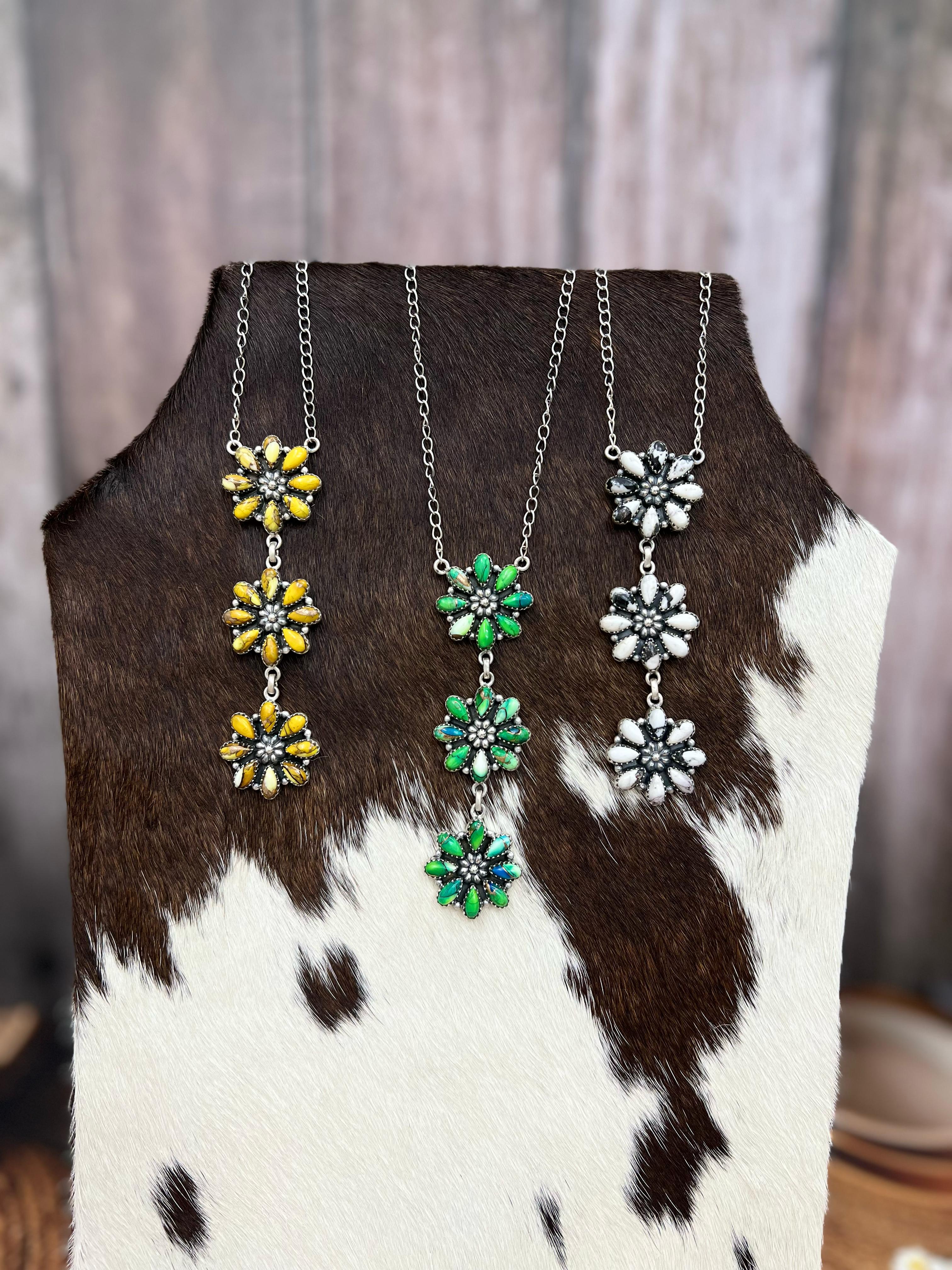 Handmade Sterling Silver Honey Dahlia, Peacock Dahlia, White Buffalo Turquoise Necklace with Signed Nizhoni