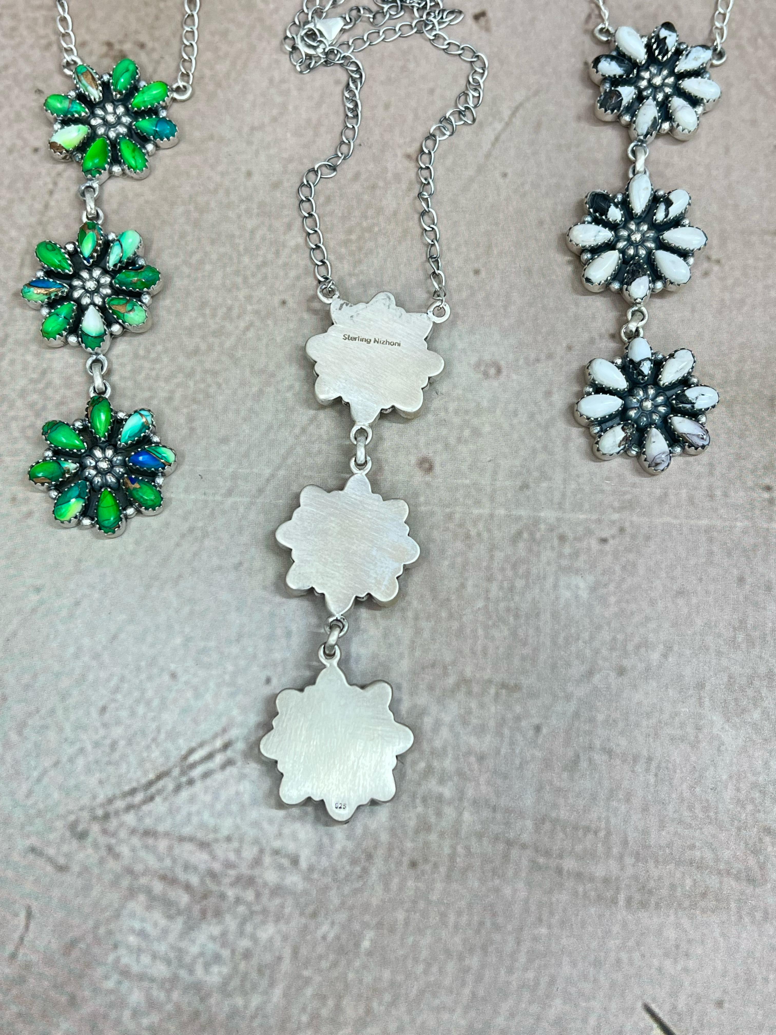 Handmade Sterling Silver Honey Dahlia, Peacock Dahlia, White Buffalo Turquoise Necklace with Signed Nizhoni